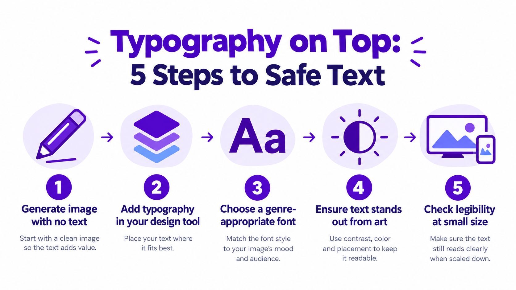 An infographic showing five steps for adding typography to images to ensure readability and professional design results.