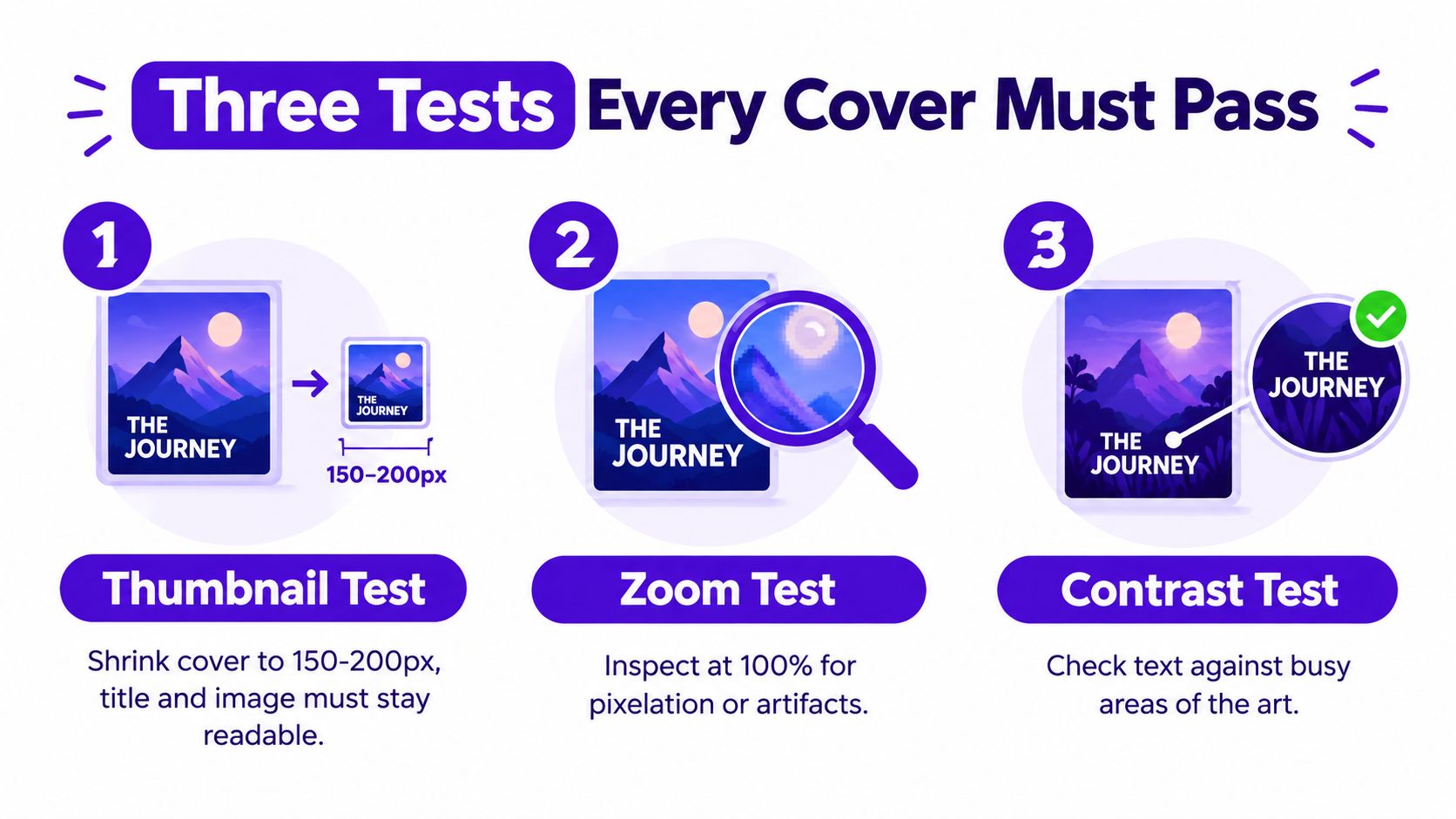 An infographic illustrating three essential tests every book cover must pass, including thumbnail, zoom, and contrast assessments.