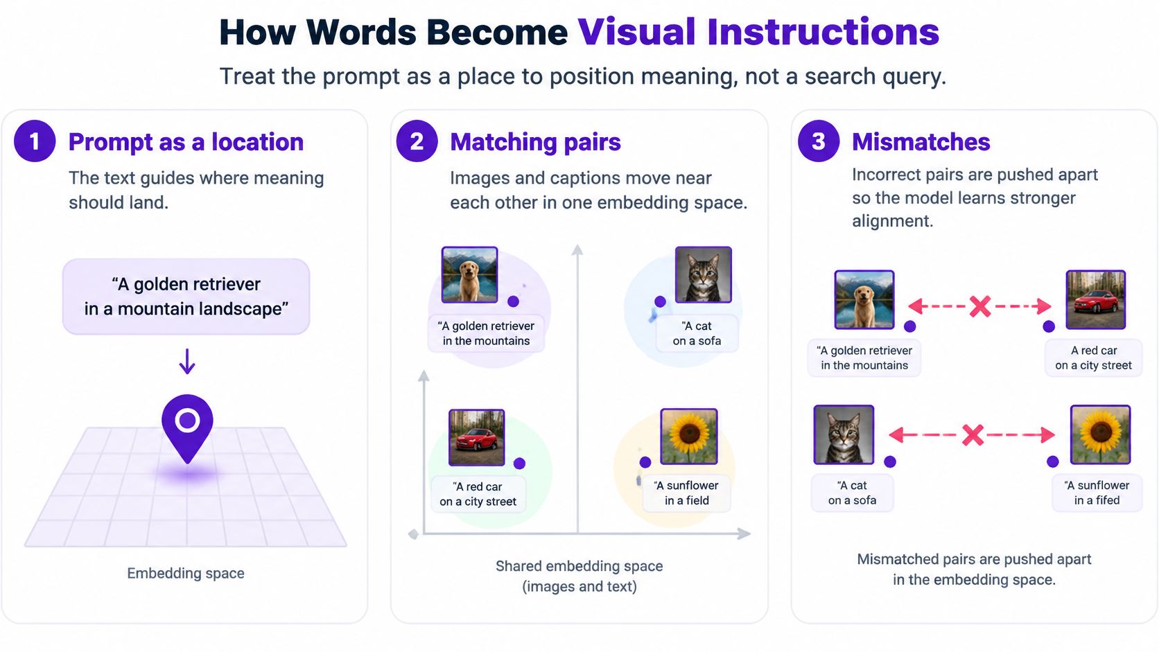A diagram explaining how text-to-image AI works by positioning text prompts and images in an embedding space.