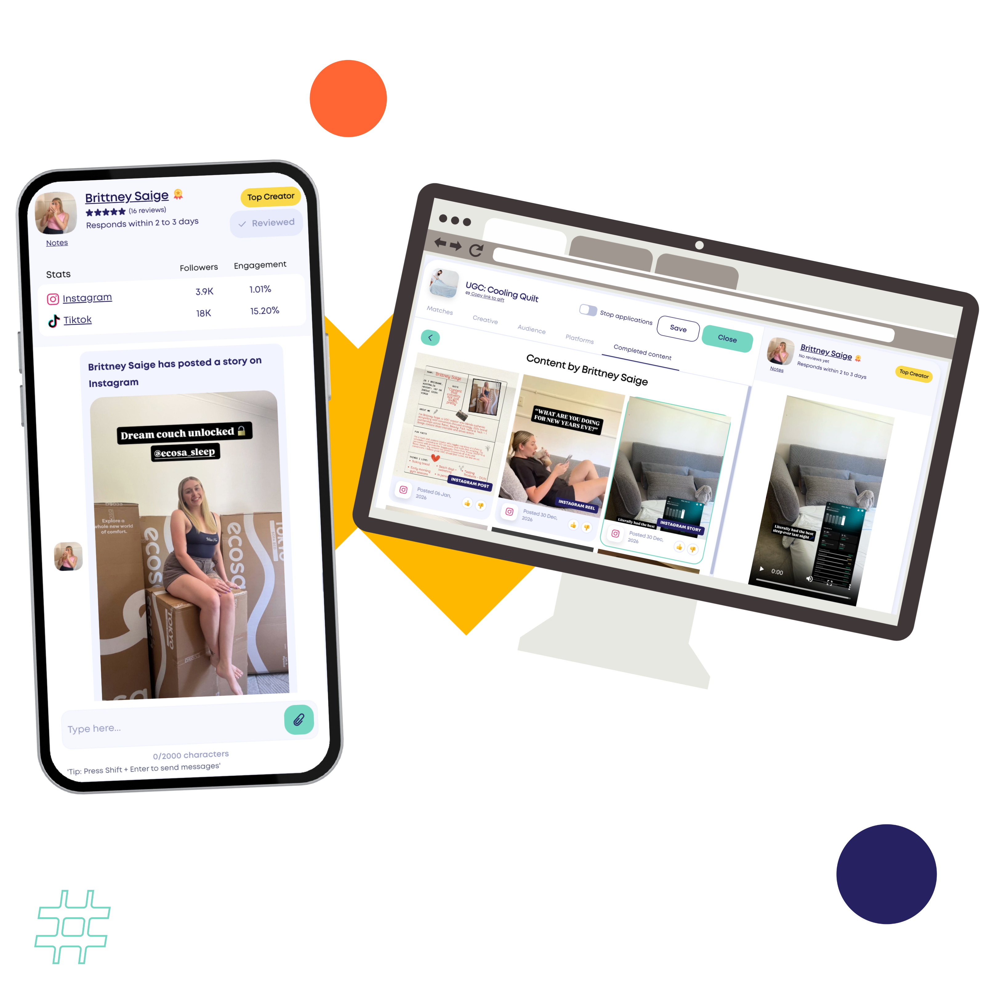 A woman amid skincare and a child surrounded with food