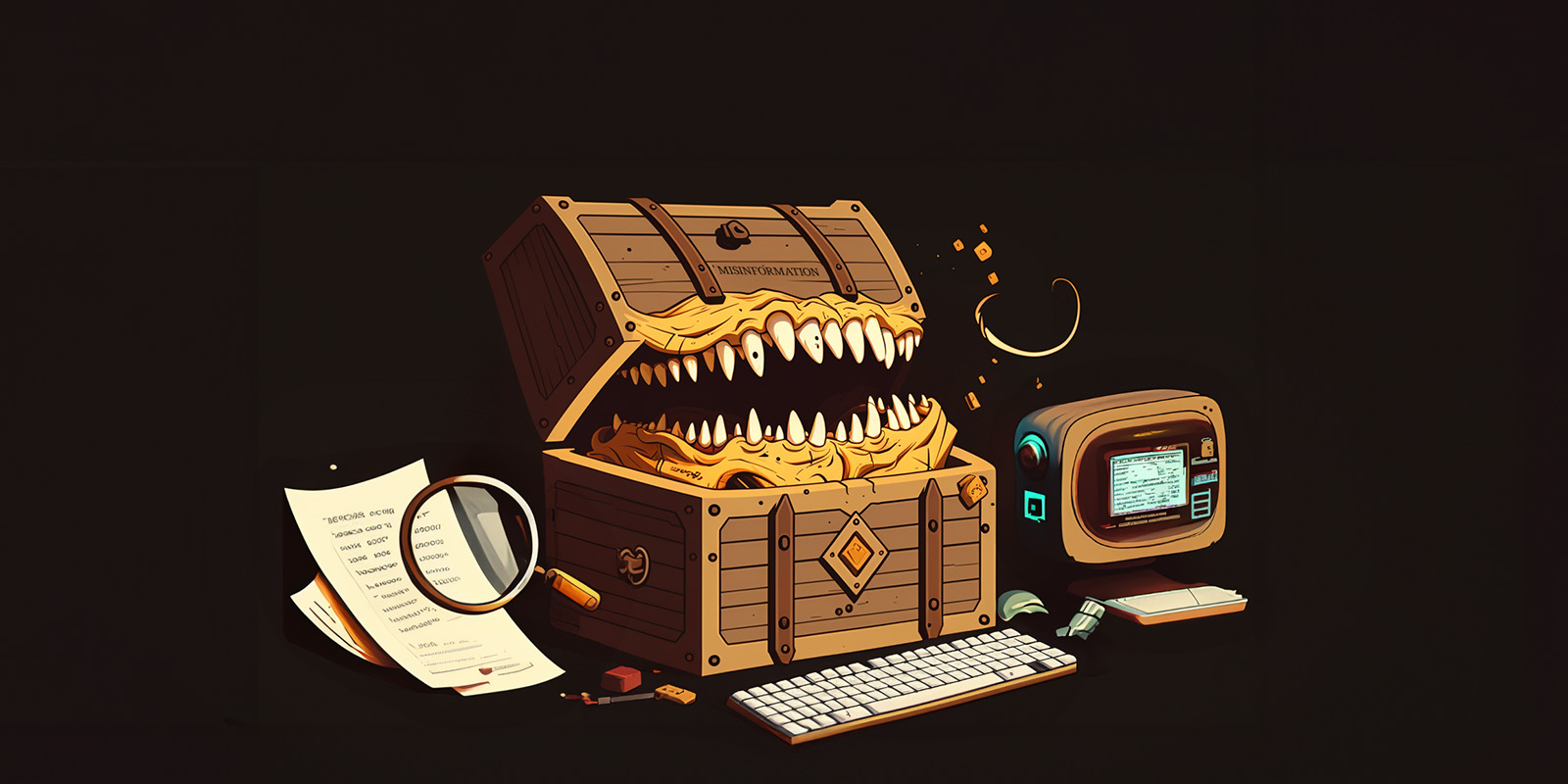A fantastic image of a Dungeons & Dragons-style mimic sitting next to some papers and a screen