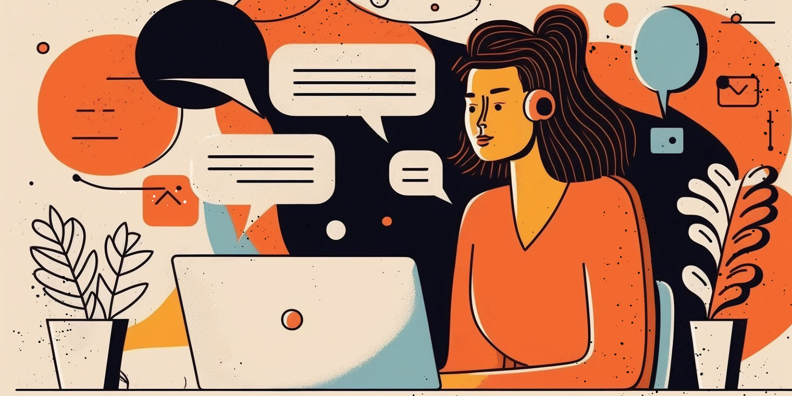 An image of a woman sitting in front of a computer thinking about her online persona
