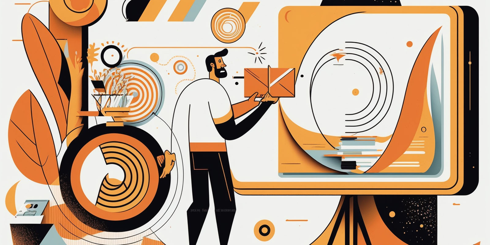 A stylized image of a man in front of a board with geometric shapes