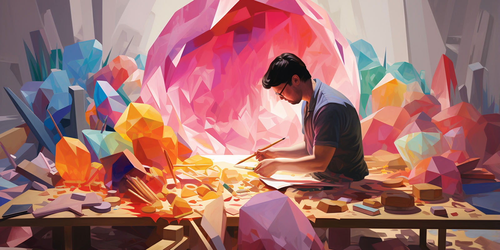 A surreal image of a man's torso performing an art project
