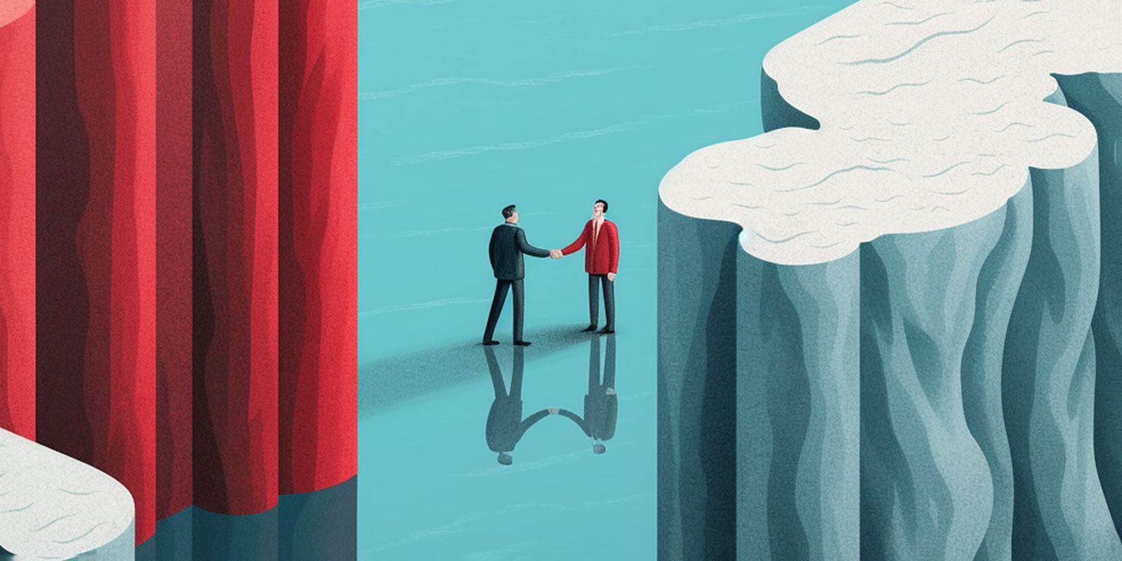 A surreal image of two people standing on water in between a pair of islands.