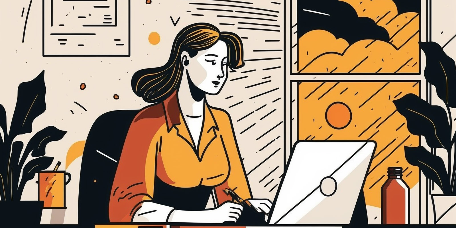 A surreal image of a woman in front of a laptop