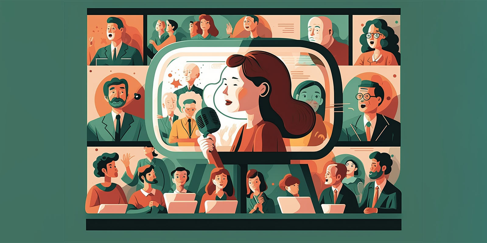 A surreal image of people on screens.