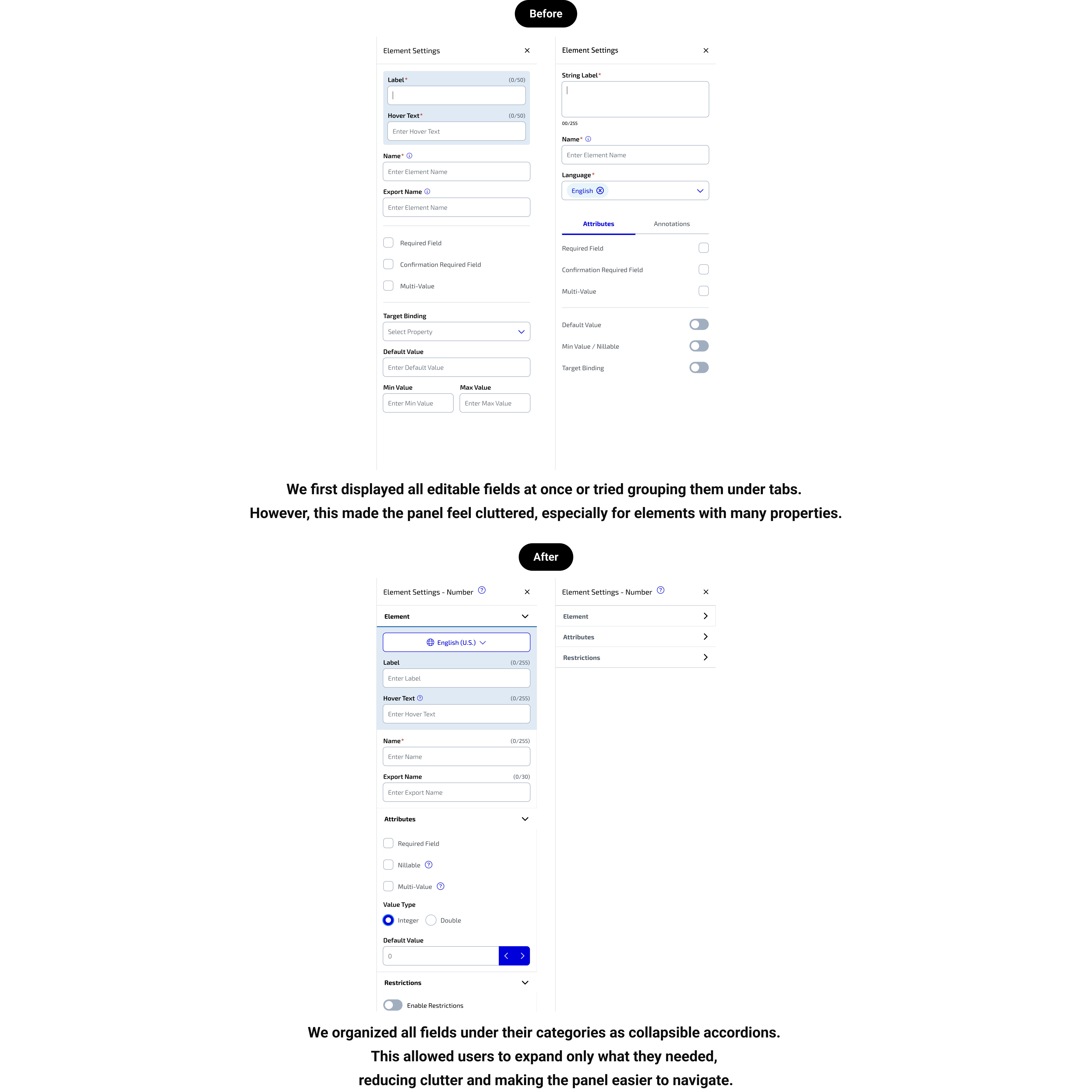 Before and after images of how the element settings transformed