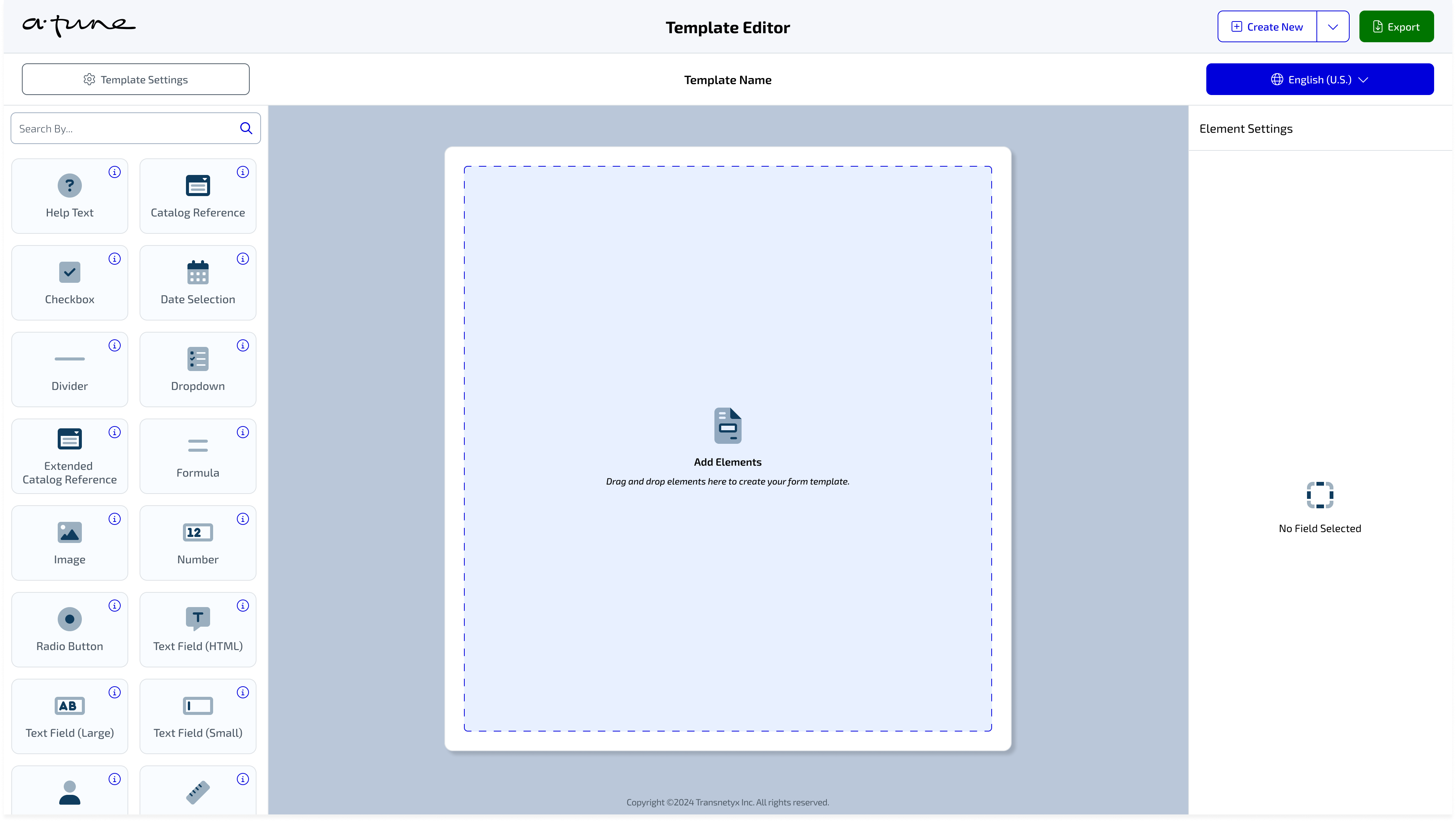 The editor is a blank slate with elements you can choose on the left