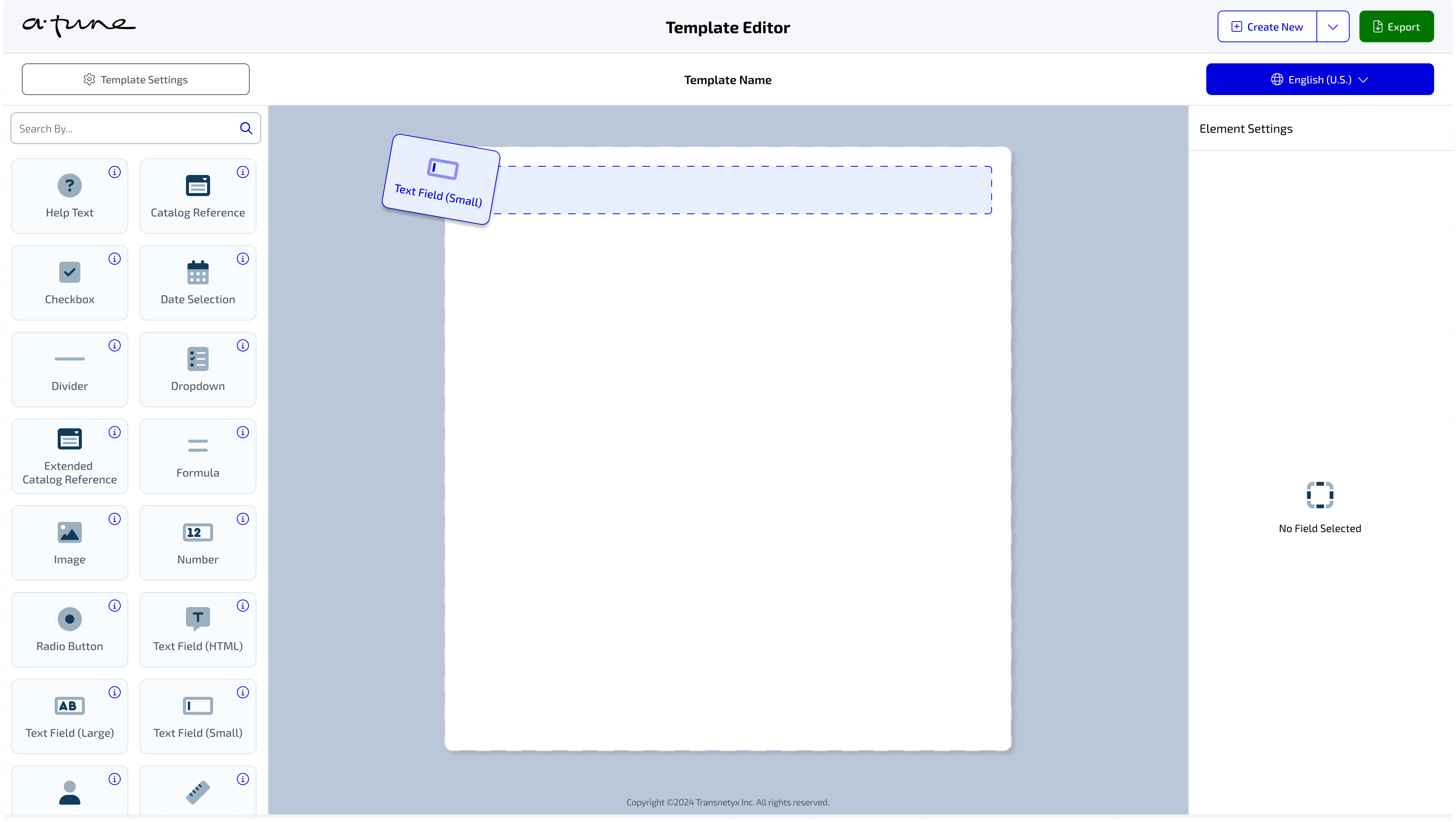 User dragging the Text Field (Small) element over the form right before it is placed