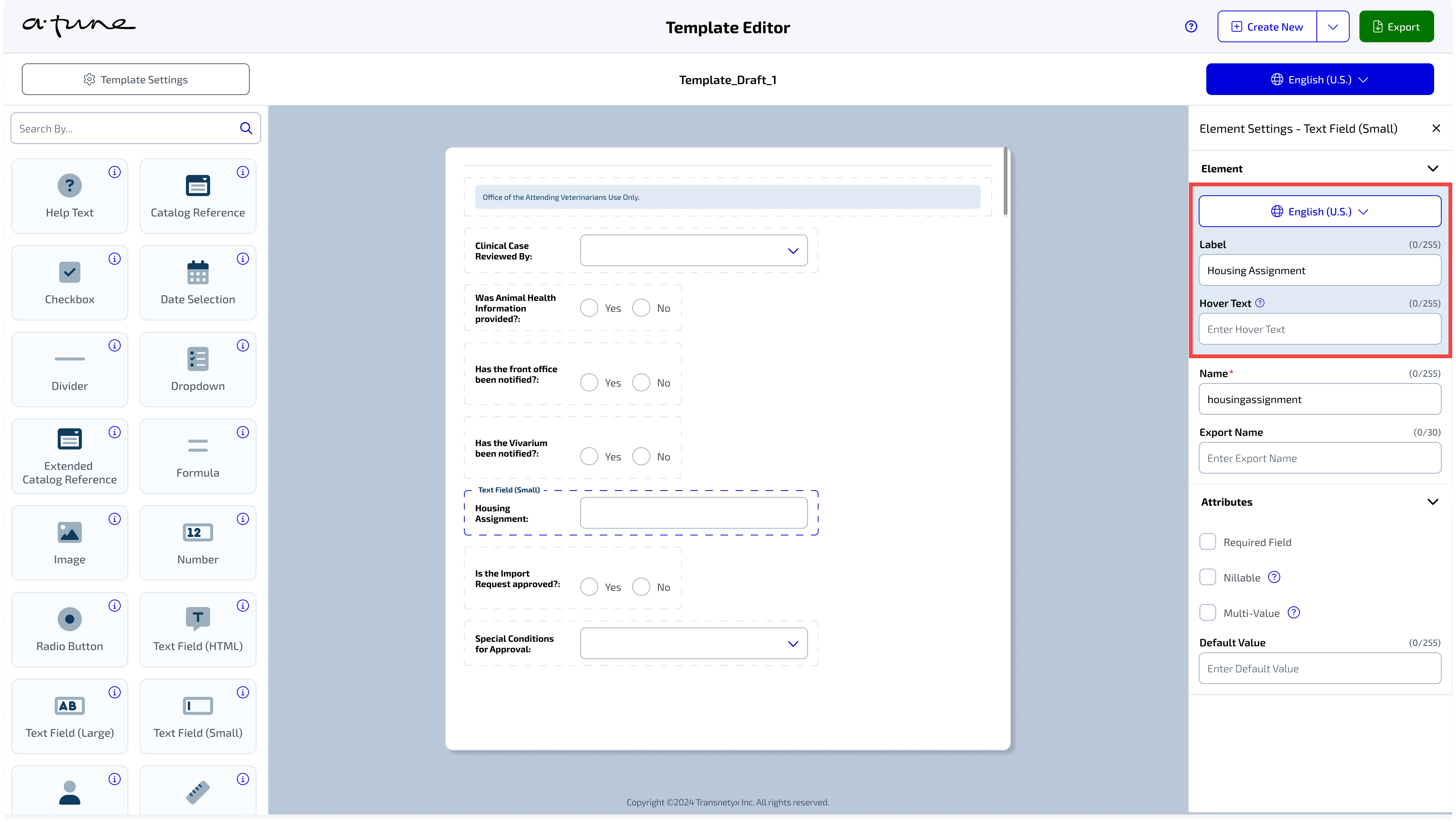 The element is in English and the label is entered Housing Assignment