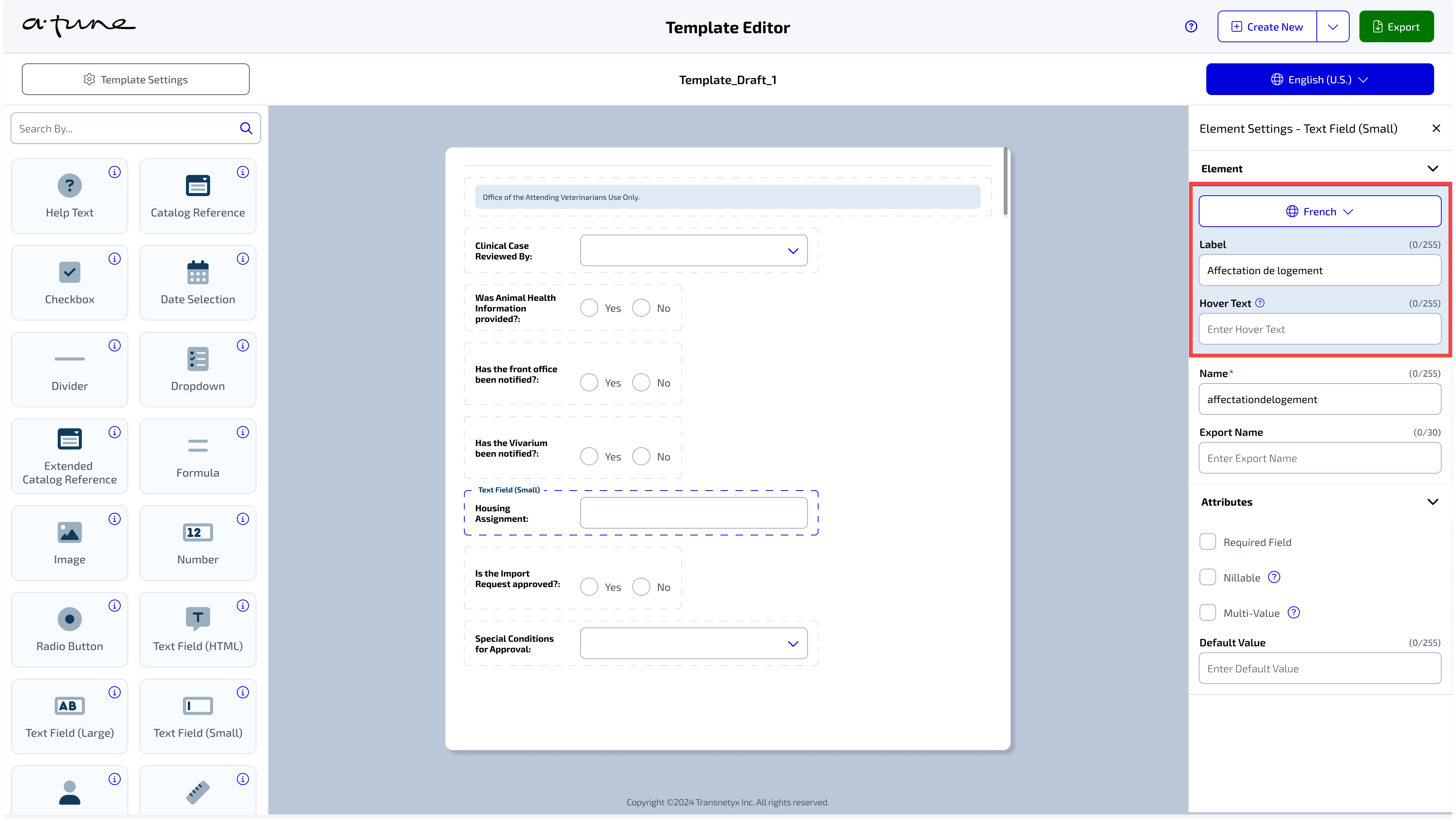 The element is in French and the label is entered Affectation de logement