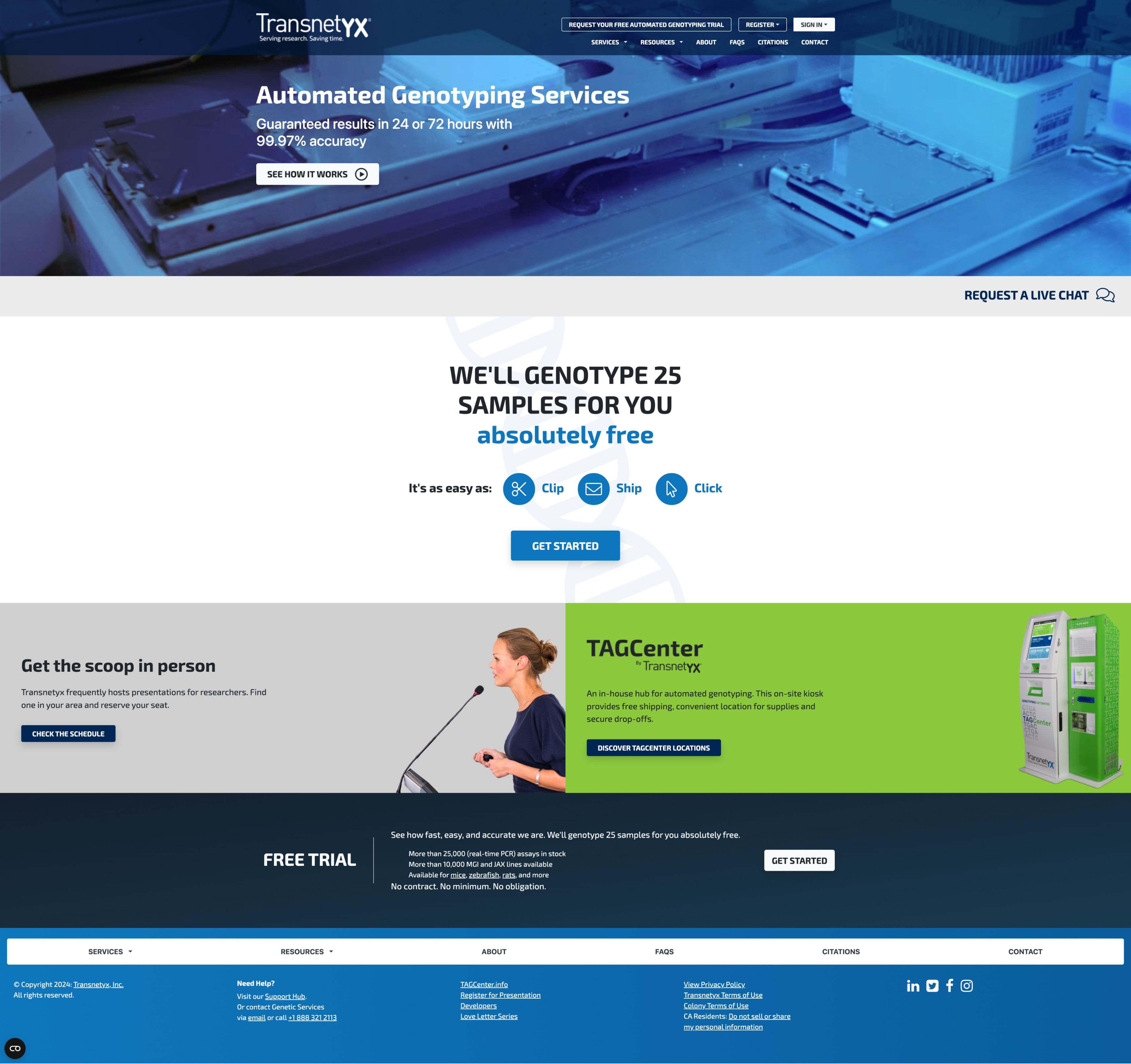 Website homepage showing automated genotyping services with options to get started and schedule presentations.
