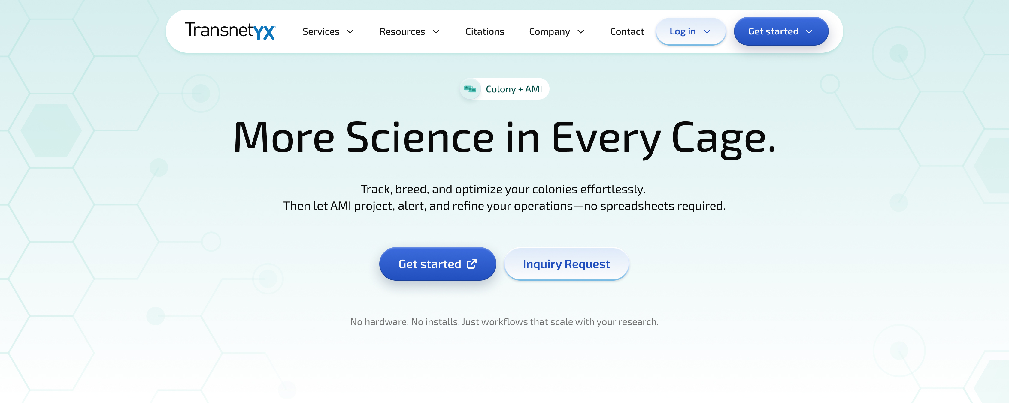 Transnetyx website header with slogan More Science in Every Cage and call to action buttons.