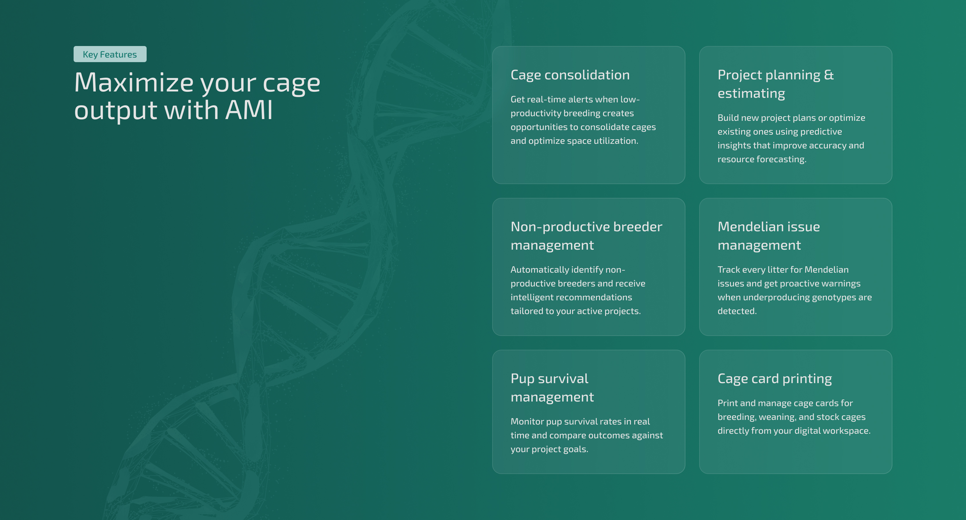 Green background with DNA strand and text listing scientific service key features and benefits.