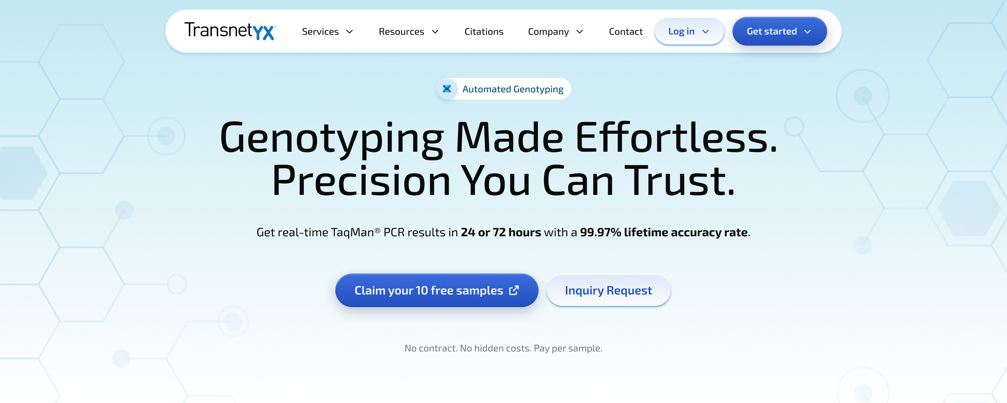 Website header with Transnetyx logo and text about effortless genotyping with 99.97% accuracy in 24 or 72 hours.