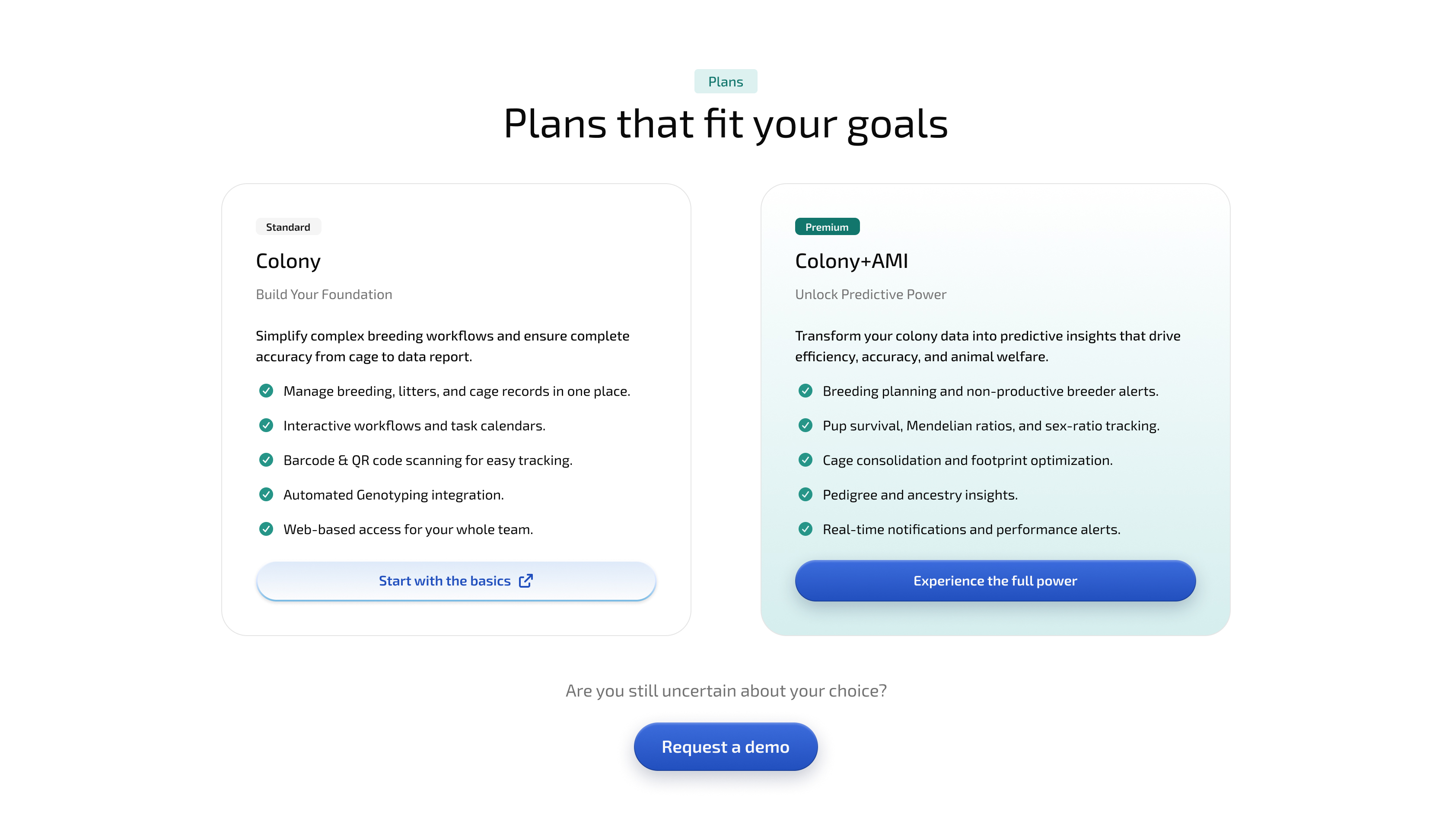 Two pricing plans for colony management: Standard includes breeding records; Premium adds predictive insights.
