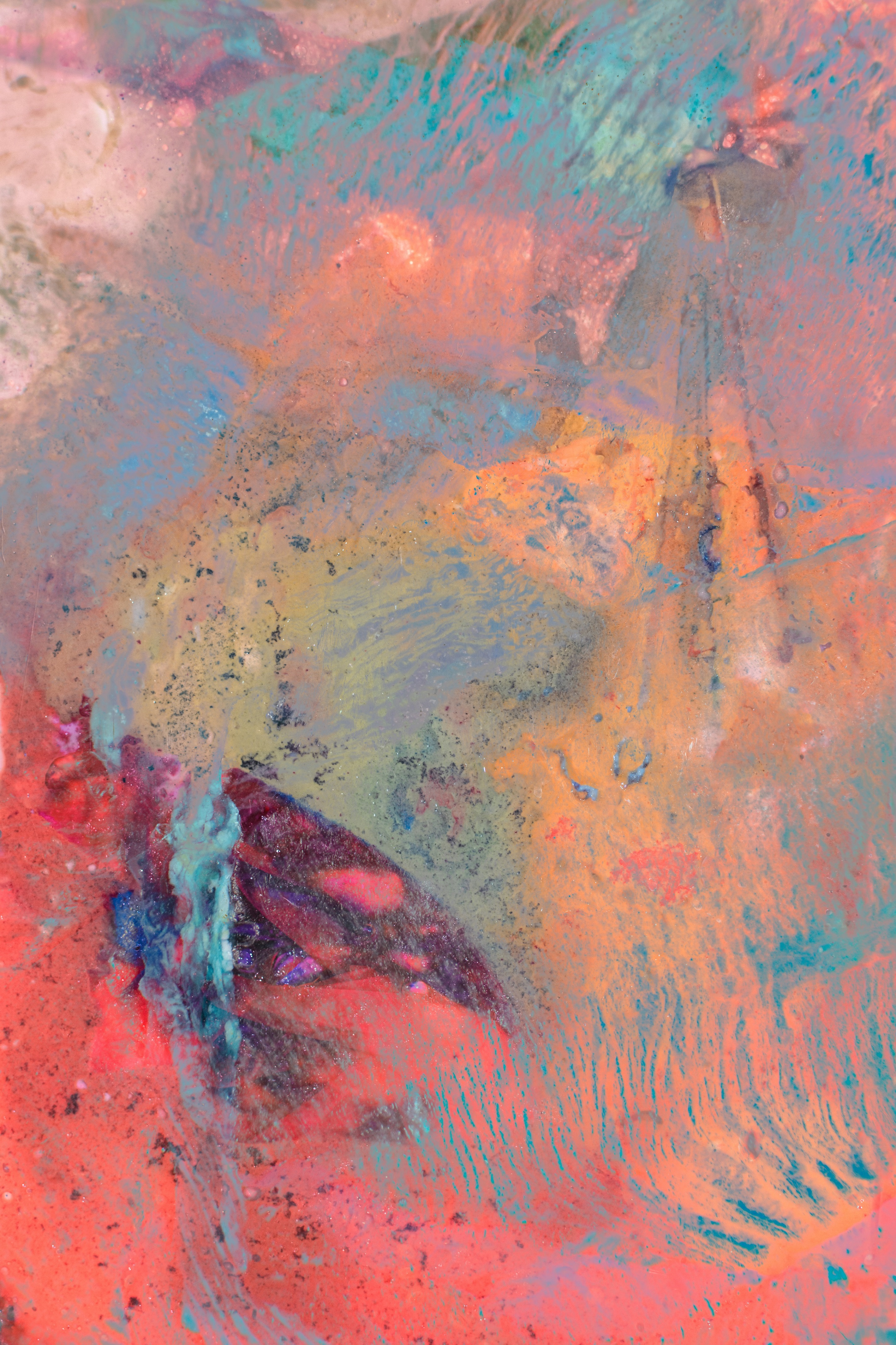 Abstract mix of vibrant colors including coral, teal, purple, and yellow in a textured, swirling pattern.