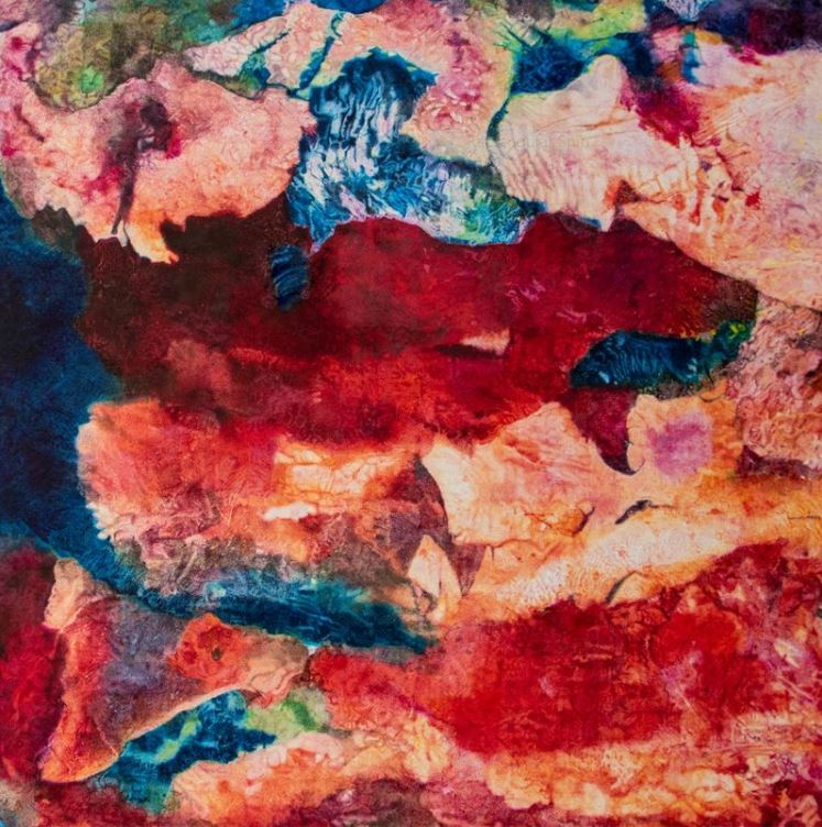 Abstract colorful textured painting with swirling patterns in red, blue, pink, and green hues.
