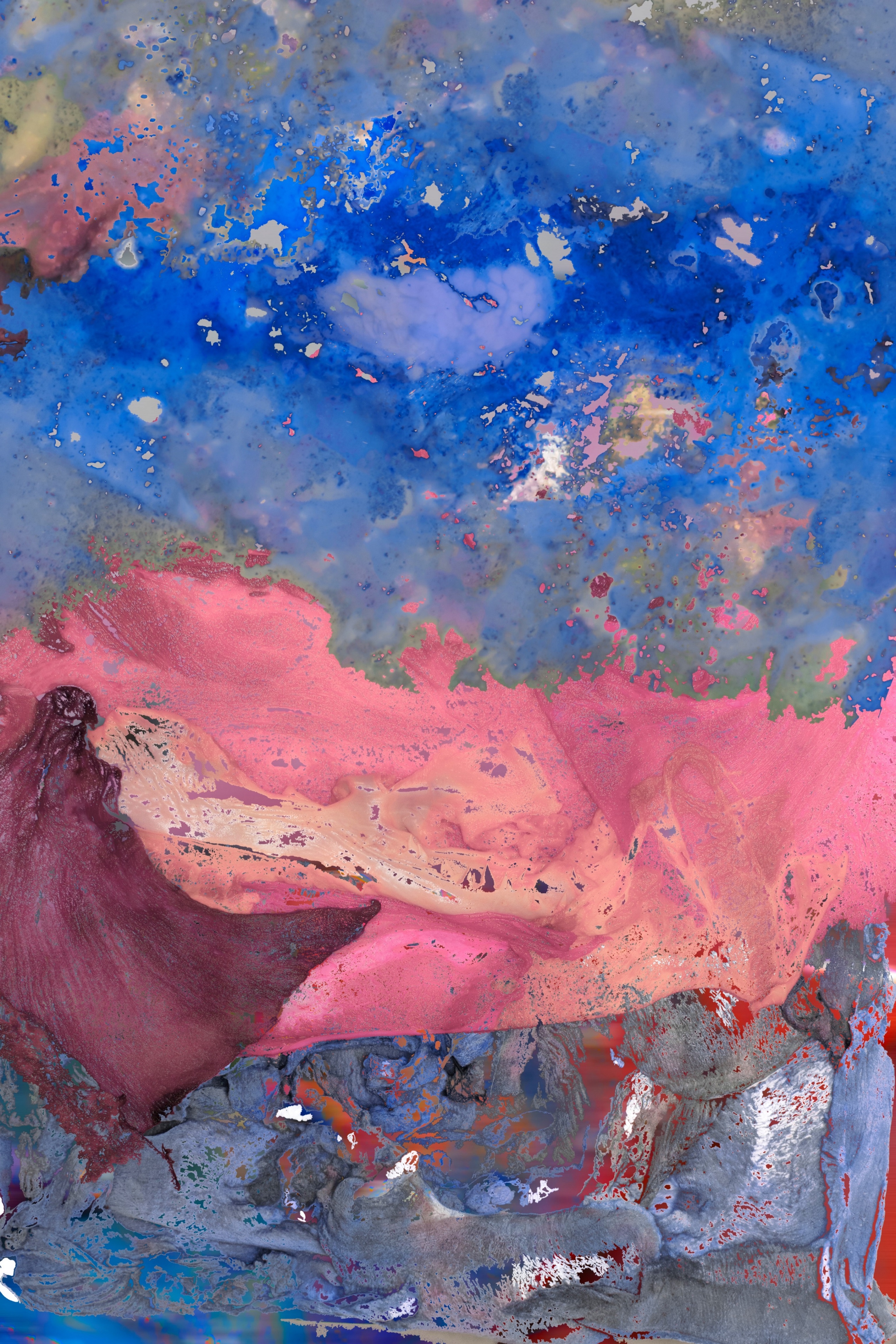 Abstract fluid art painting with vibrant blue, pink, purple, and gray swirls and splatters.
