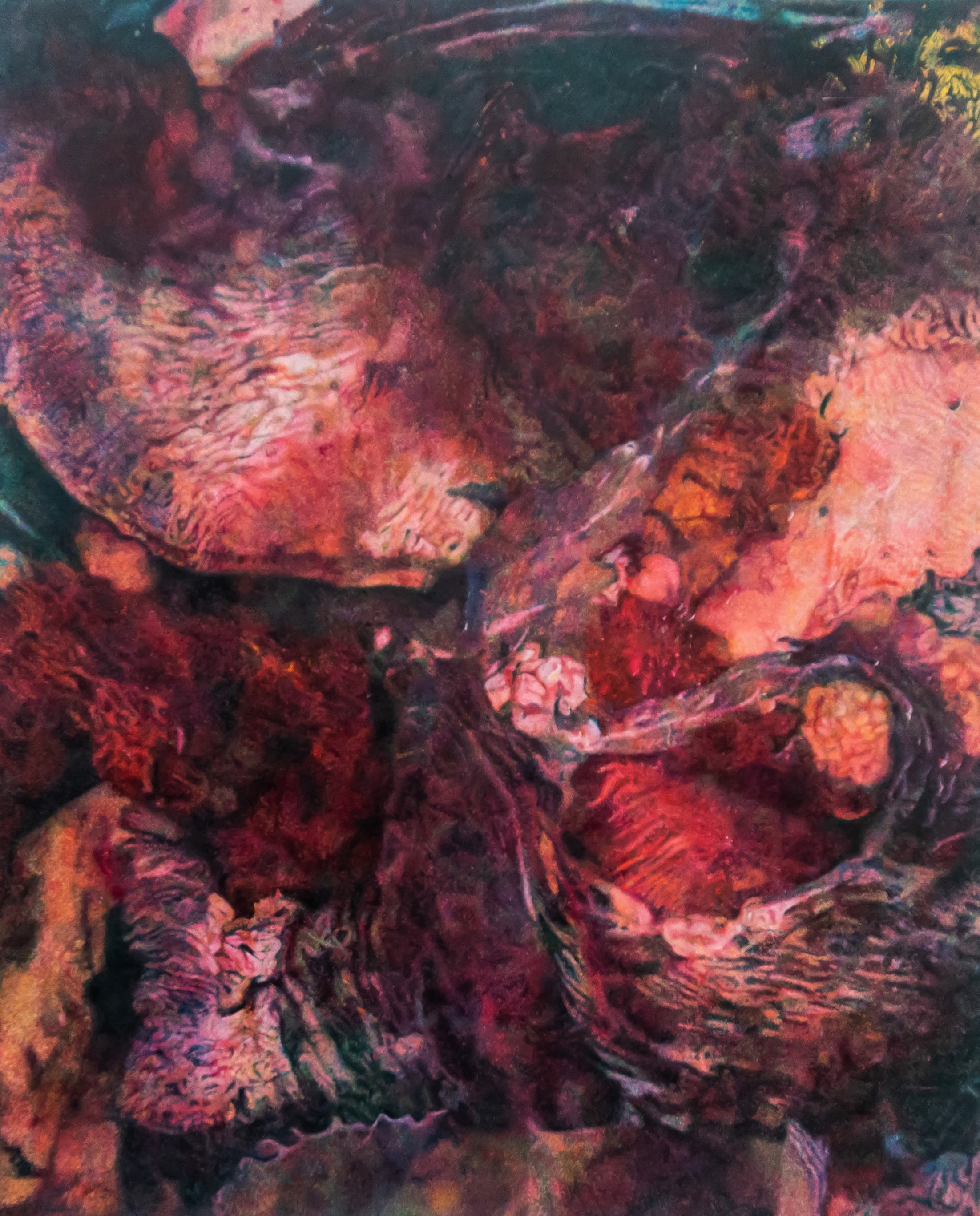 Close-up of textured, abstract surfaces in deep reds, purples, and orange tones resembling organic or geological formations.