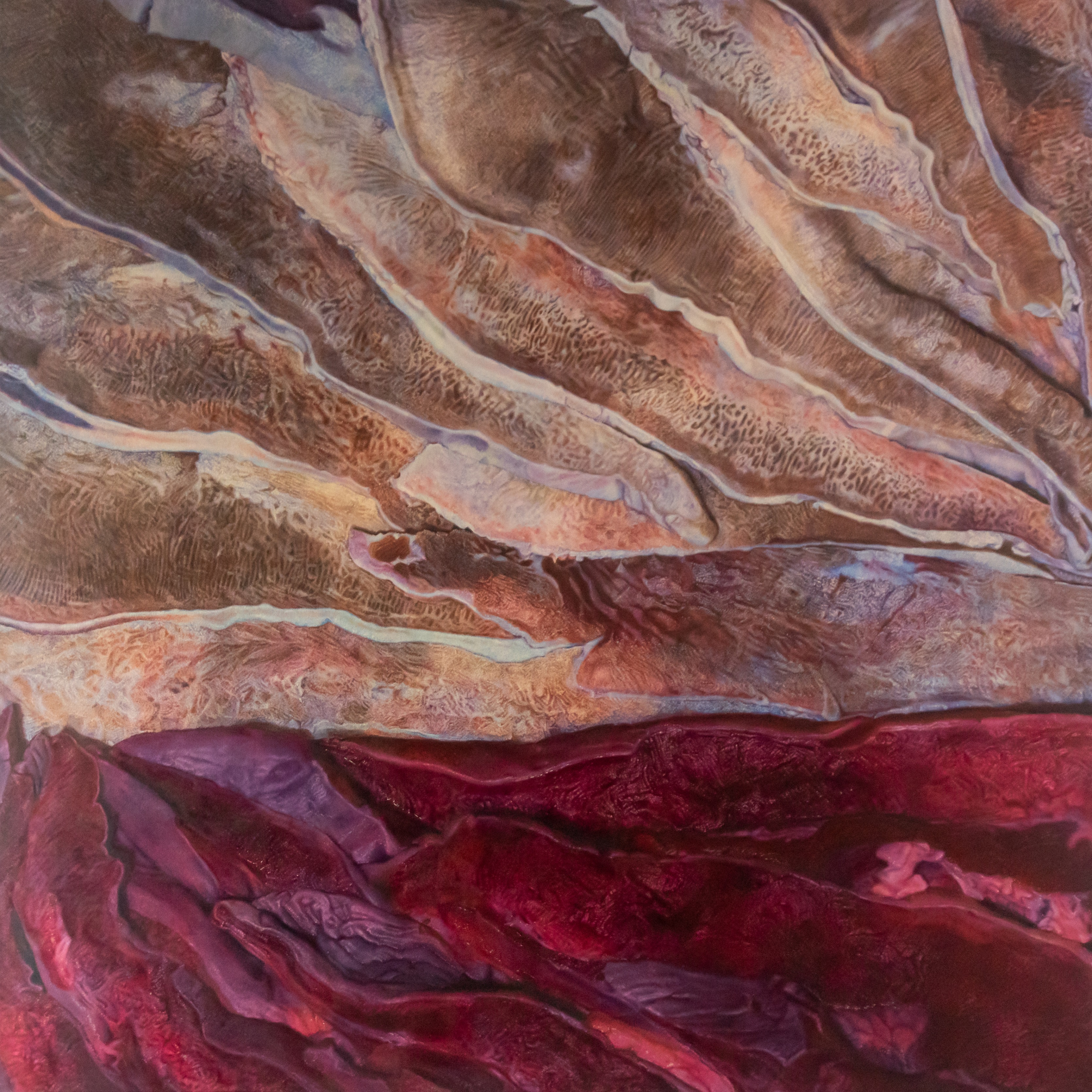 Close-up of textured abstract painting with layered organic shapes in shades of brown, beige, red, and purple.