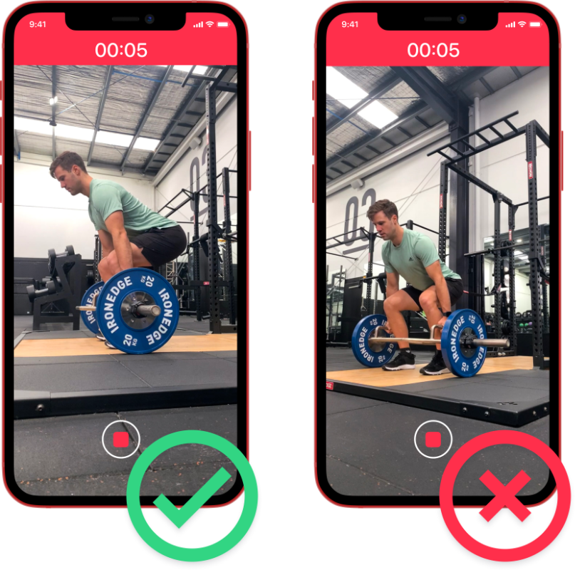 Two screenshots showing a good and bad recording angle when using the Metric VBT app to measure bar speed