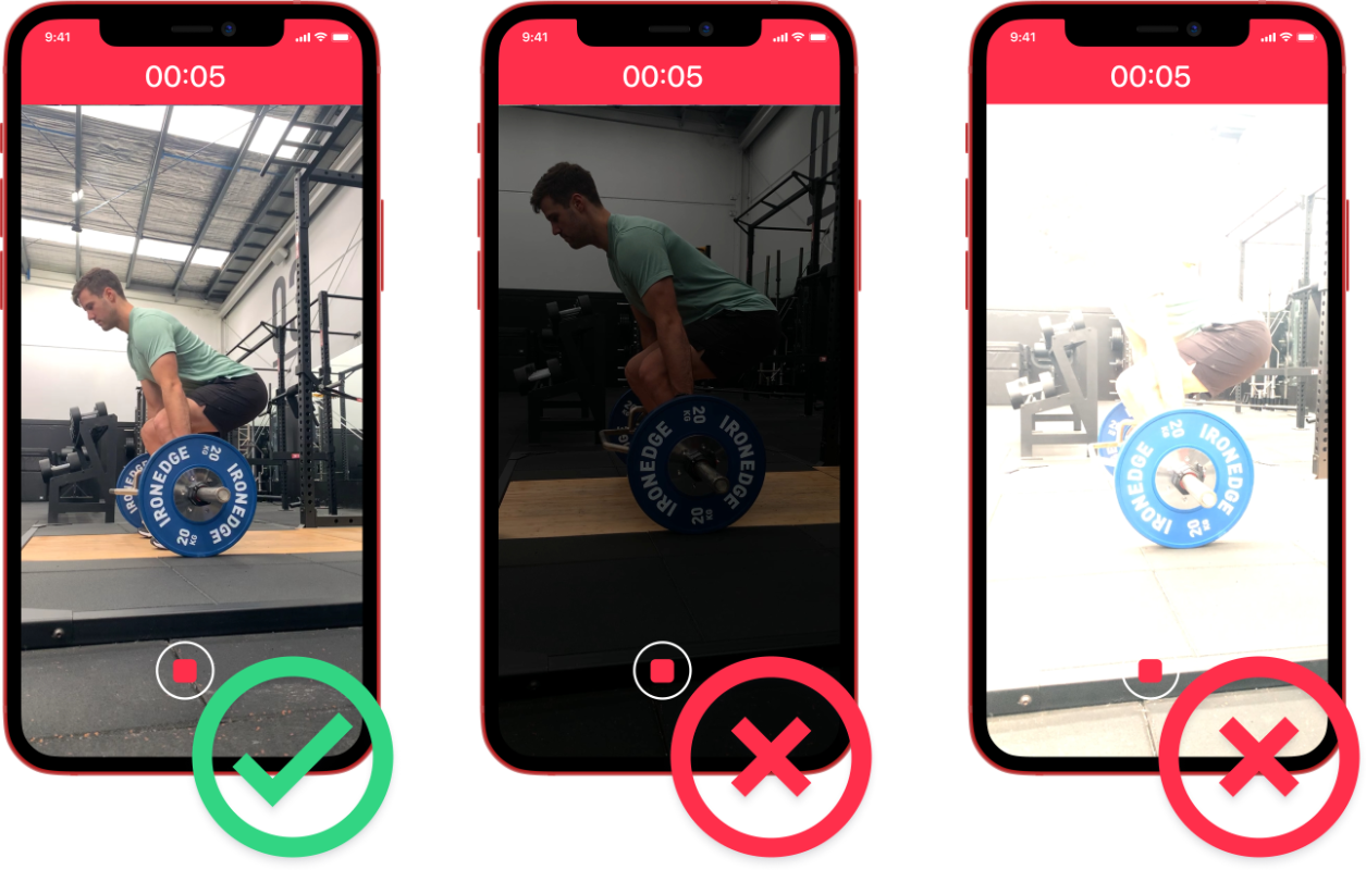 Three screenshots showing different lighting that might influence Metric VBT app in measuring bar speed