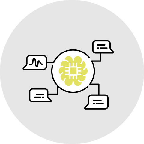 Central AI brain chip icon connected to four speech and data bubbles on gray background.
