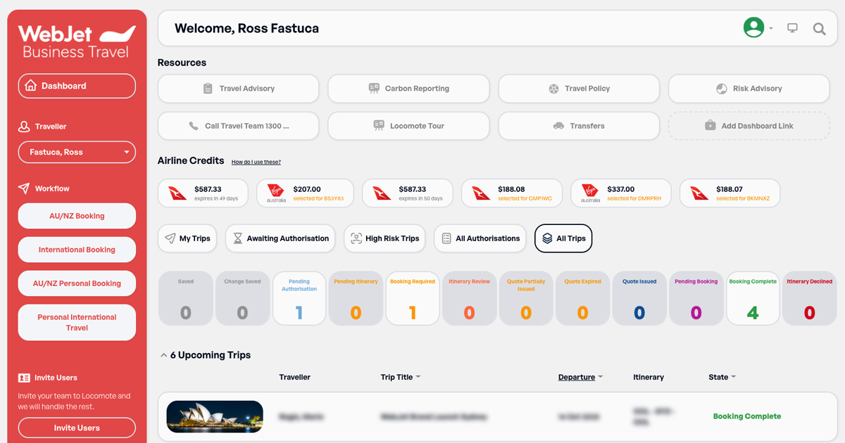 Webjet Business Travel platform dashboard