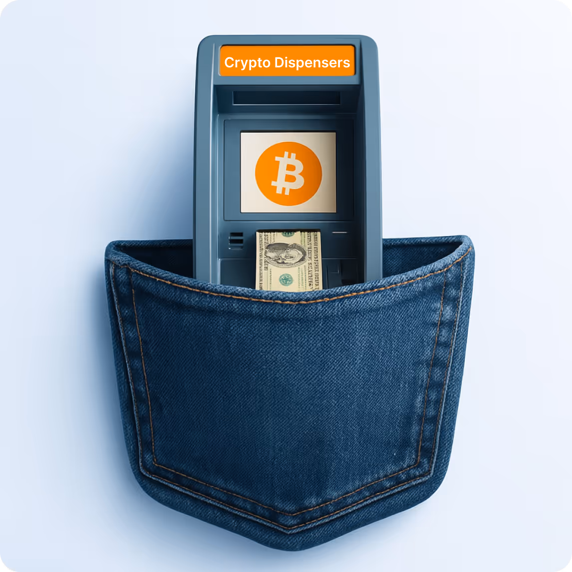 A Bitcoin ATM labeled “Crypto Dispensers” sits inside a denim pocket with a dollar bill, symbolizing portable cash-to-Bitcoin access.