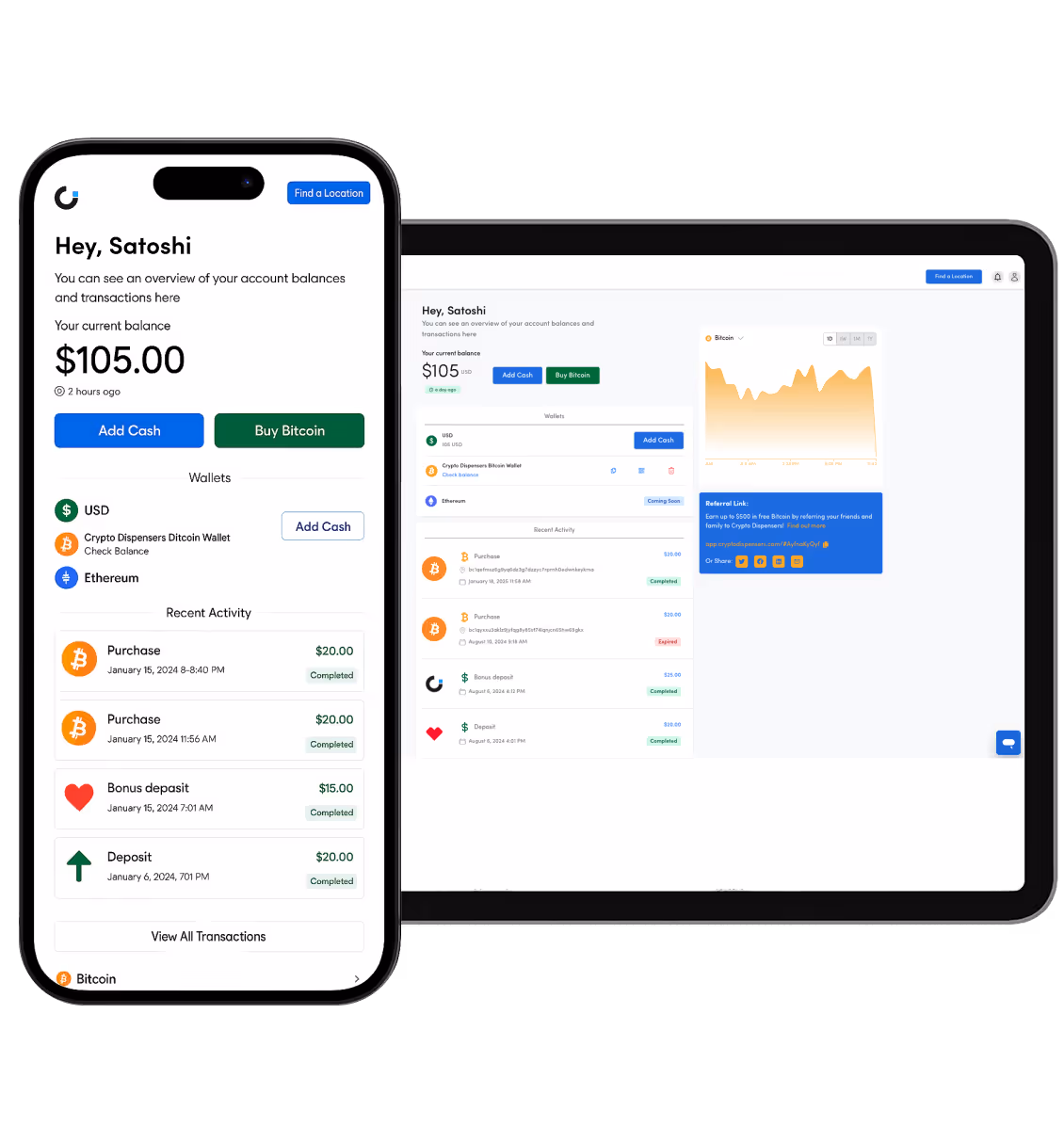 crypto dispenser's dashboard displayed on web and mobile phone