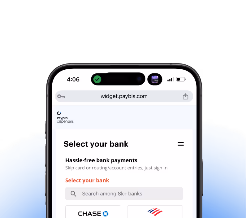 Mobile phone screen showing bank selection page for ACH transfer, including major U.S. bank logos like Chase, Wells Fargo, and PNC.