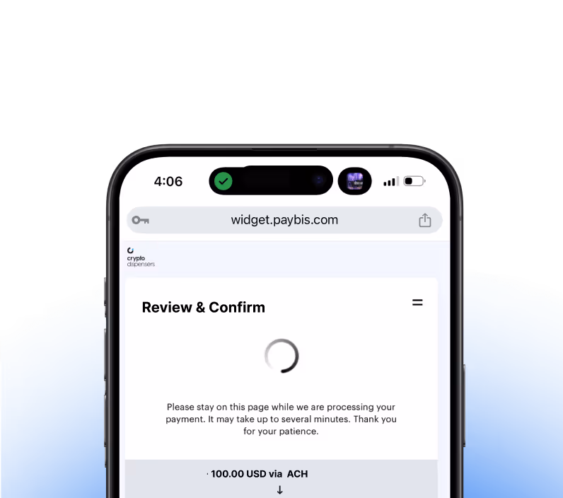 Mobile phone screen showing review and confirmation page for ACH transfer before completing a cryptocurrency purchase.