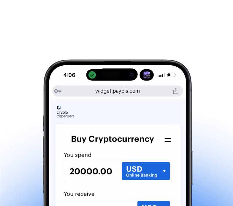 Mobile phone screen displaying cryptocurrency purchase form with transfer amount field and USD payment option selected