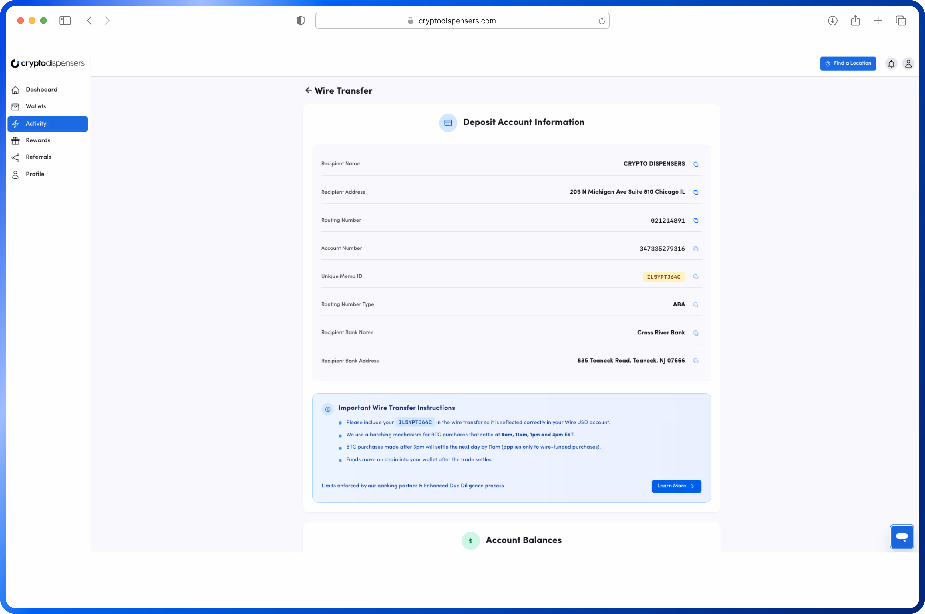 Crypto Dispensers web dashboard showing deposit account information for buying Bitcoin with domestic wire transfer.