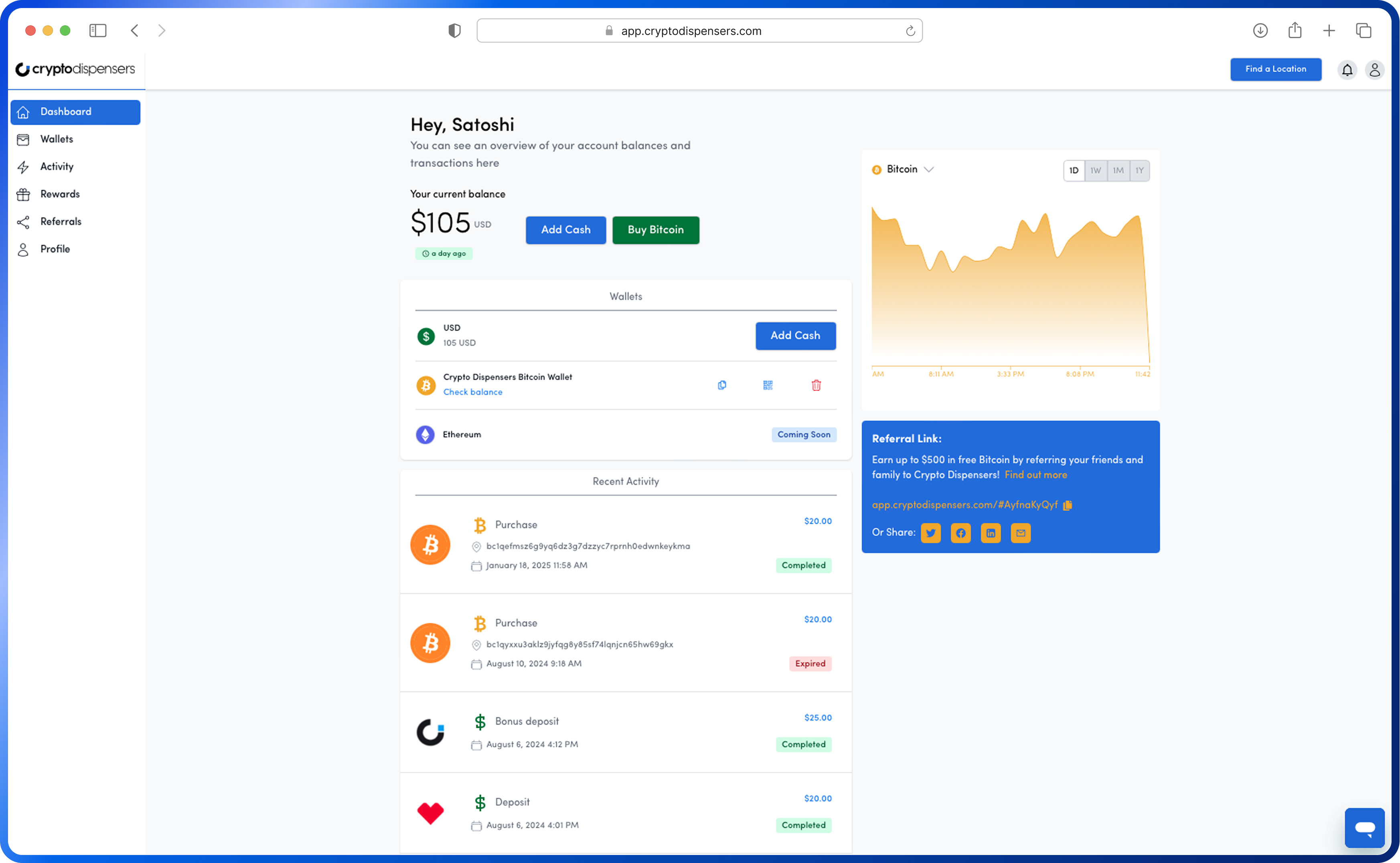 crypto dispenser's dashboard displayed on web and mobile phone