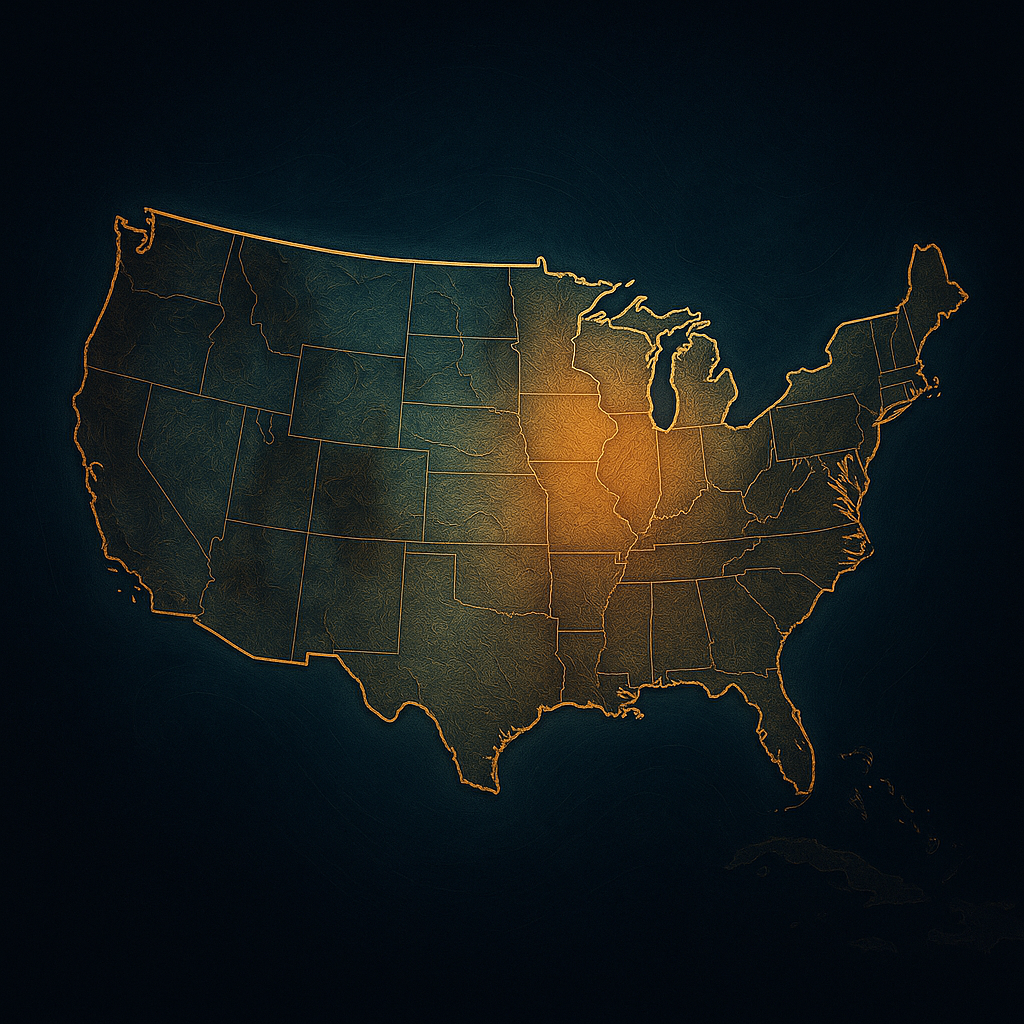 Stylized United States map with warm Midwest highlight representing Casey’s retail coverage.