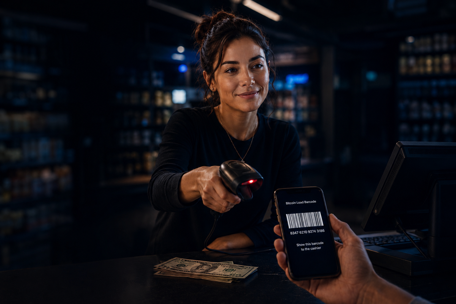 Cashier scanning a barcode on a phone for retail cash loading