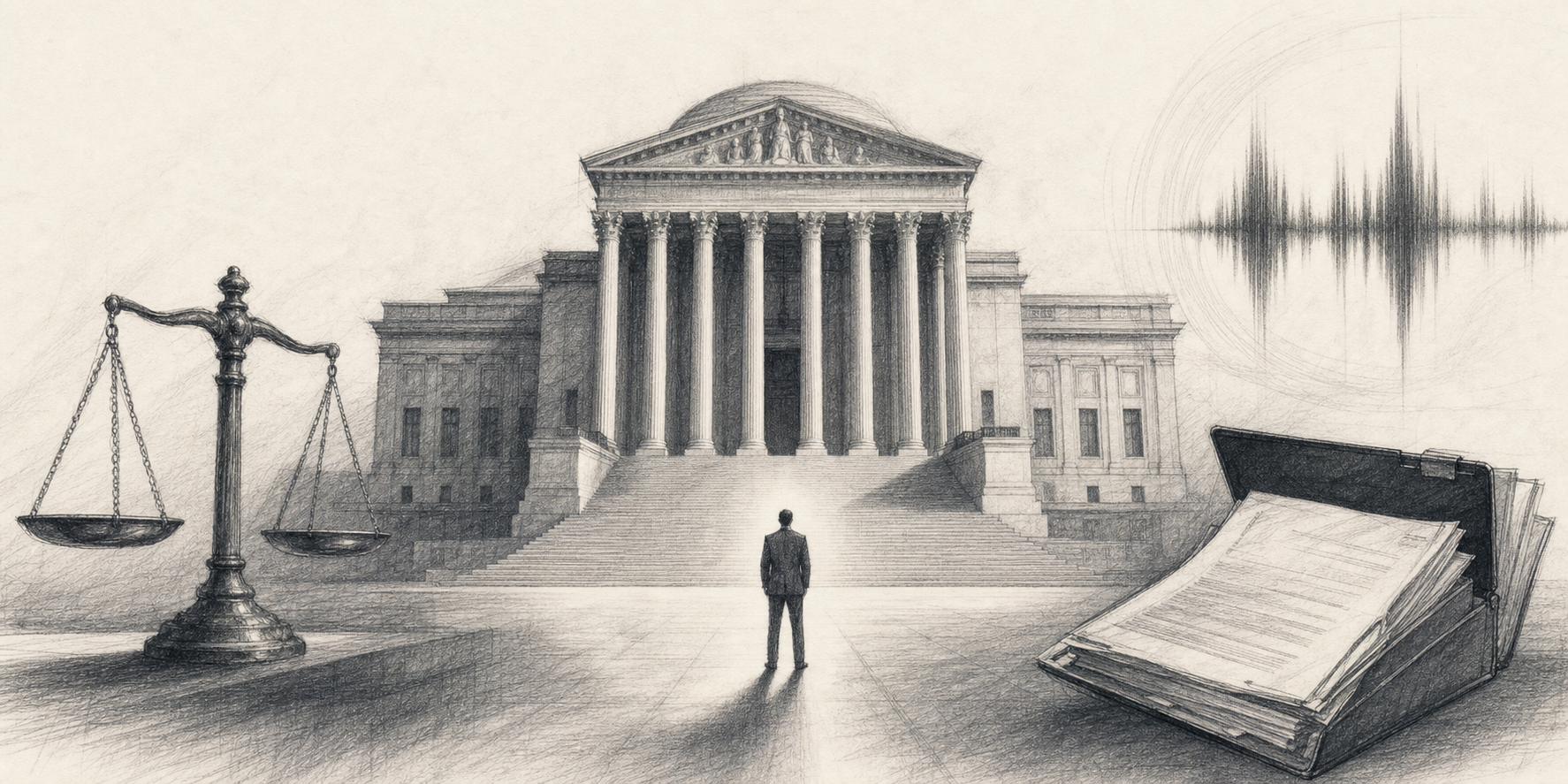 Graphite sketch of the courthouse, evidence, and the fight for a name