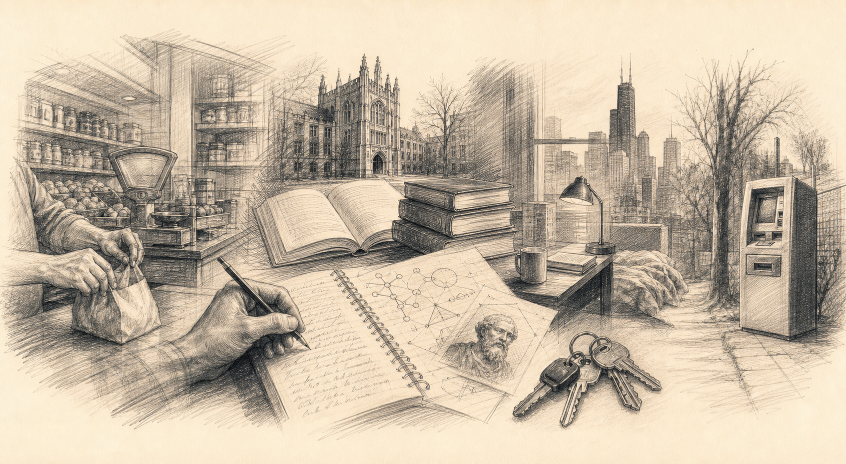 Graphite sketch of the people, places, and ideas that formed Firas Isa