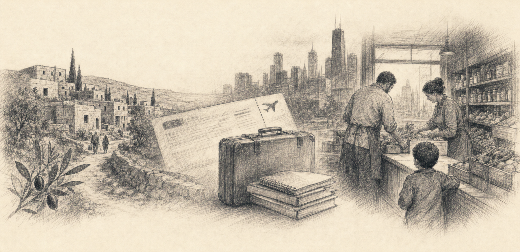 Graphite sketch of Palestinian roots, immigration, family, and Chicago