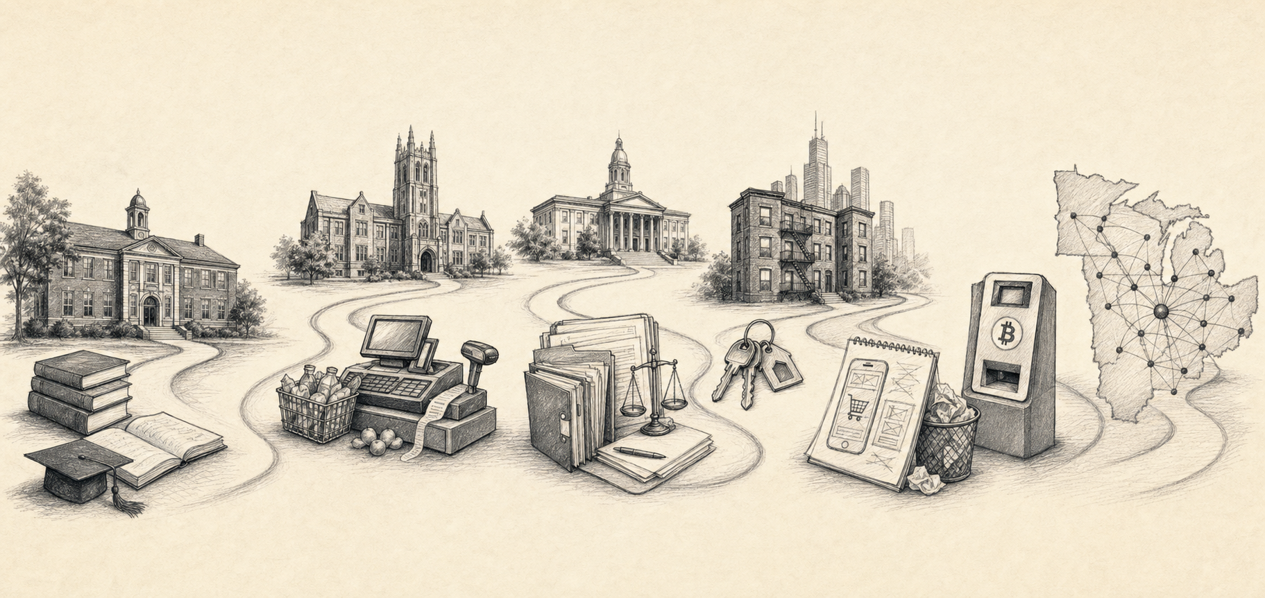 Graphite sketch of the schools, ventures, setbacks, and Bitcoin milestones