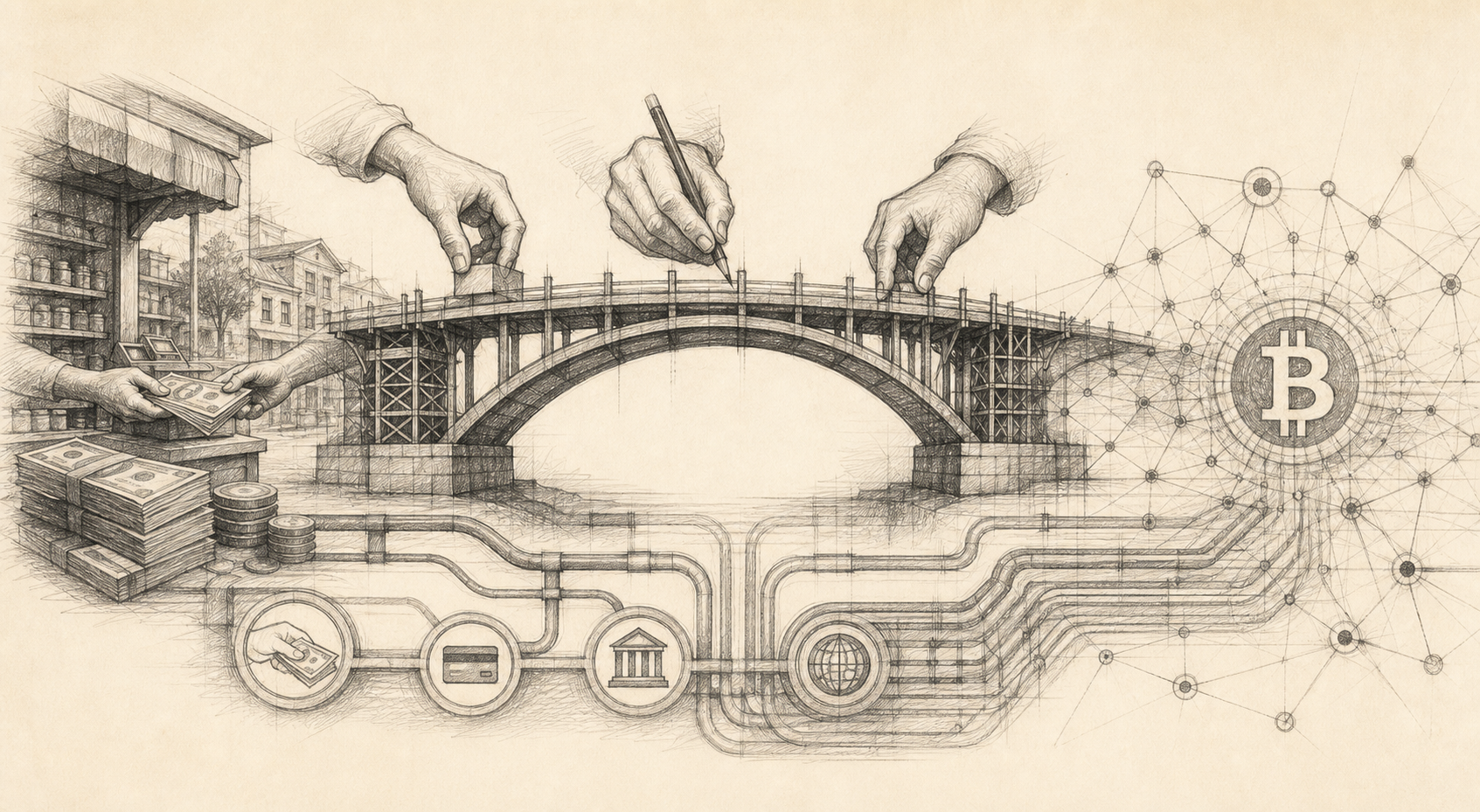 Graphite sketch of a bridge connecting cash, retail rails, and Bitcoin