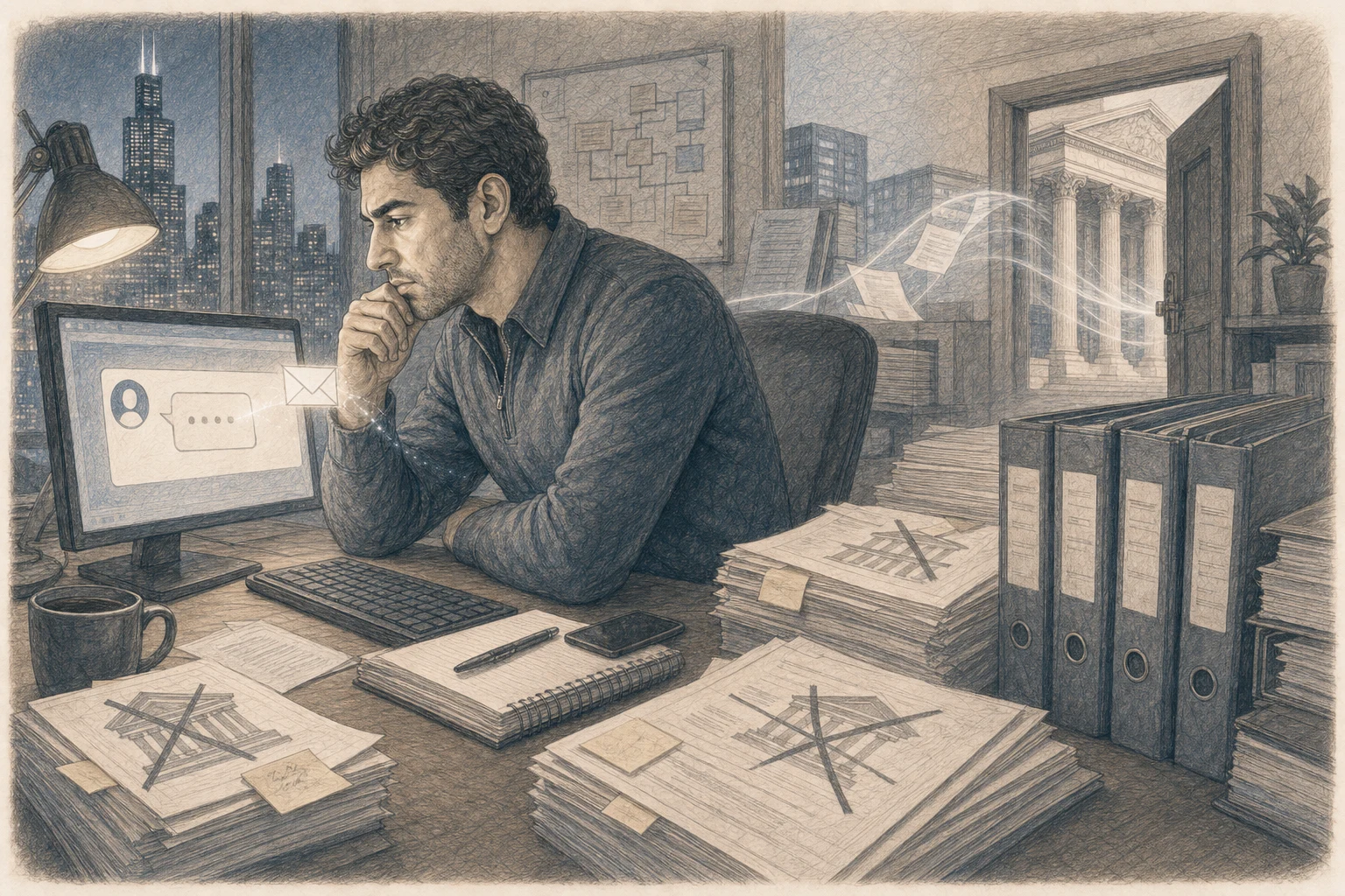Illustration of Firas Isa reading a support request offering banking help while surrounded by bank applications and closure notices