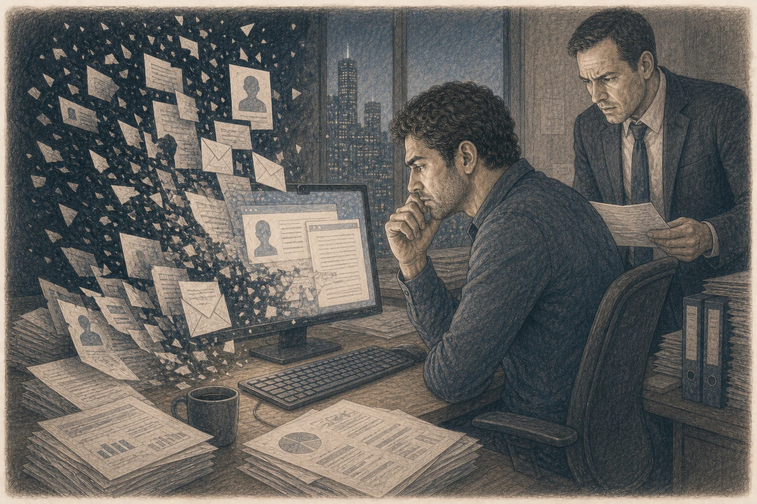 Illustration of authentic financial support exposing false identities as Michael Frisch reviews the evidence