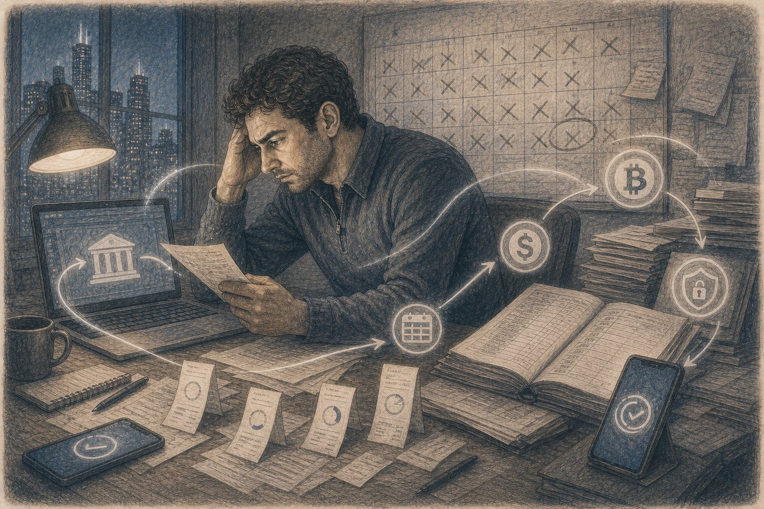 Illustration of crossed-out repayment dates and changing payment methods surrounding Firas Isa