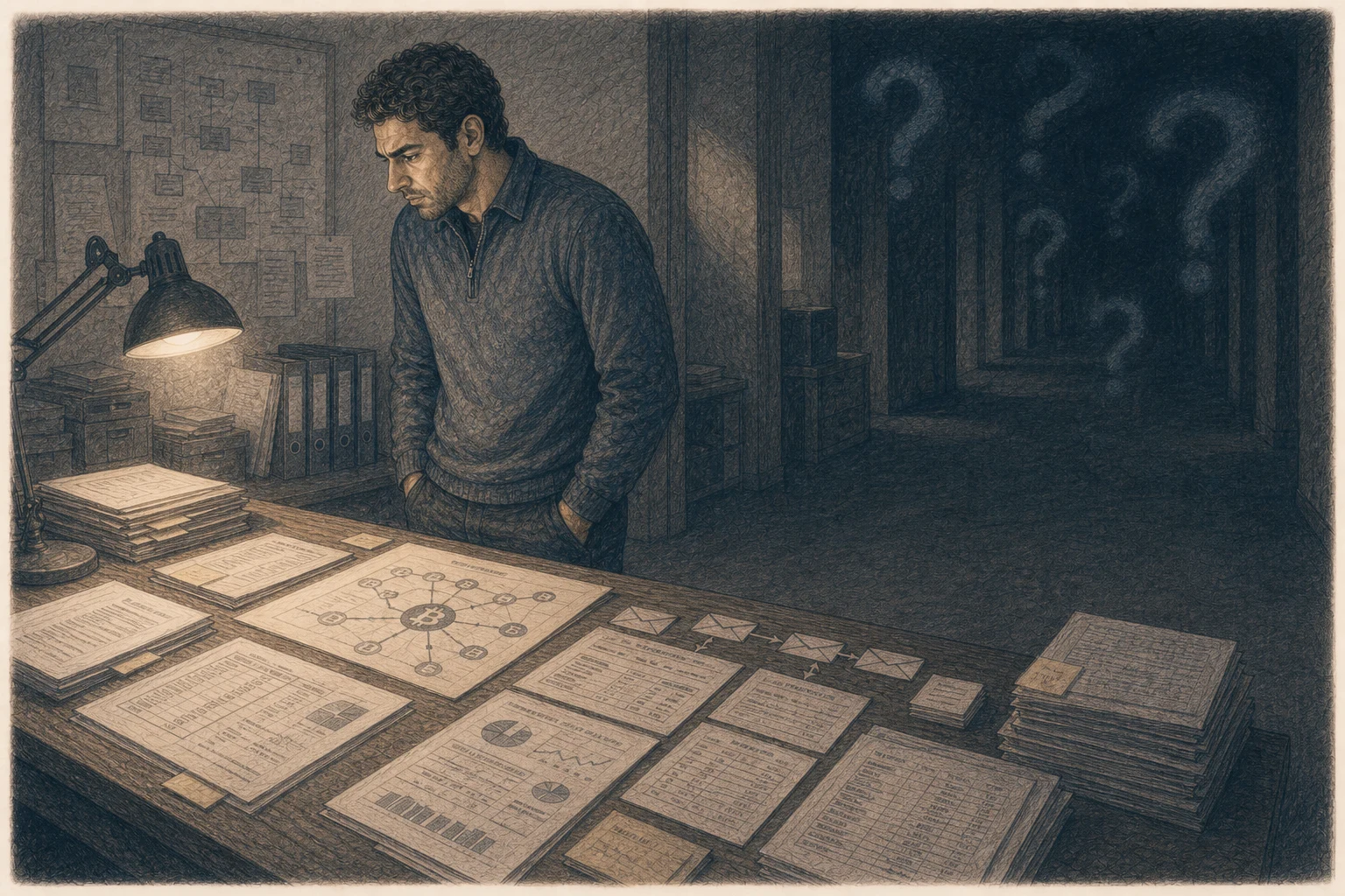 Illustration separating illuminated documentary evidence from a corridor of unanswered questions