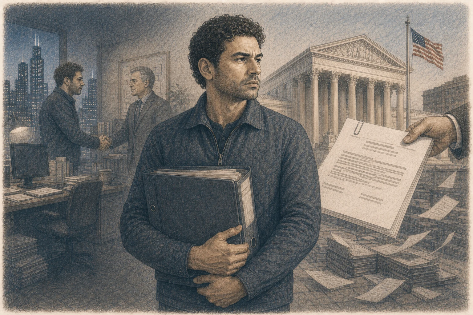Illustration contrasting Firas Isa voluntarily reporting the scam with the later federal indictment