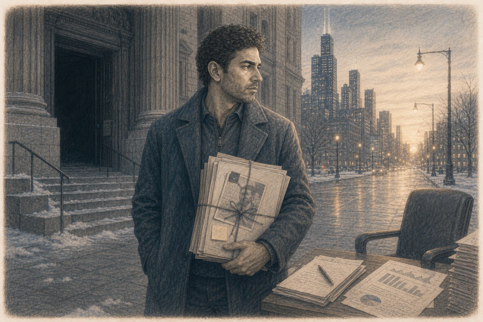 Illustration of Firas Isa carrying the preserved record away from a dark courthouse doorway toward the Chicago street